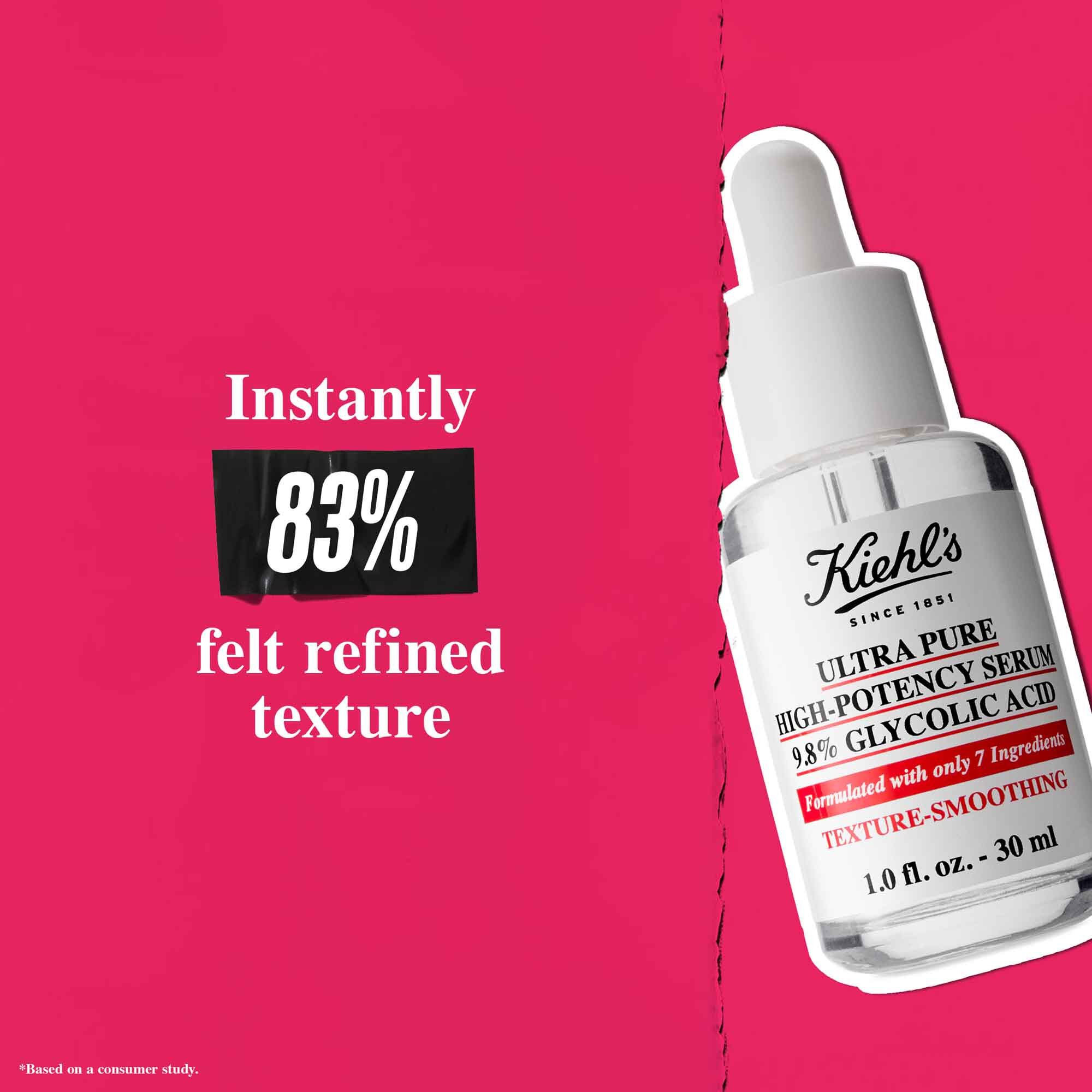 Una botella de Ultra Pure 9.8% Glycolic Acid Serum sobre fondo rosa con el texto: "Al instante, el 83% sintio una textura refinada."