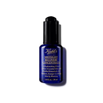Una botella de 30 ml de aceite facial Kiehl's Midnight Recovery Concentrate sobre fondo blanco.