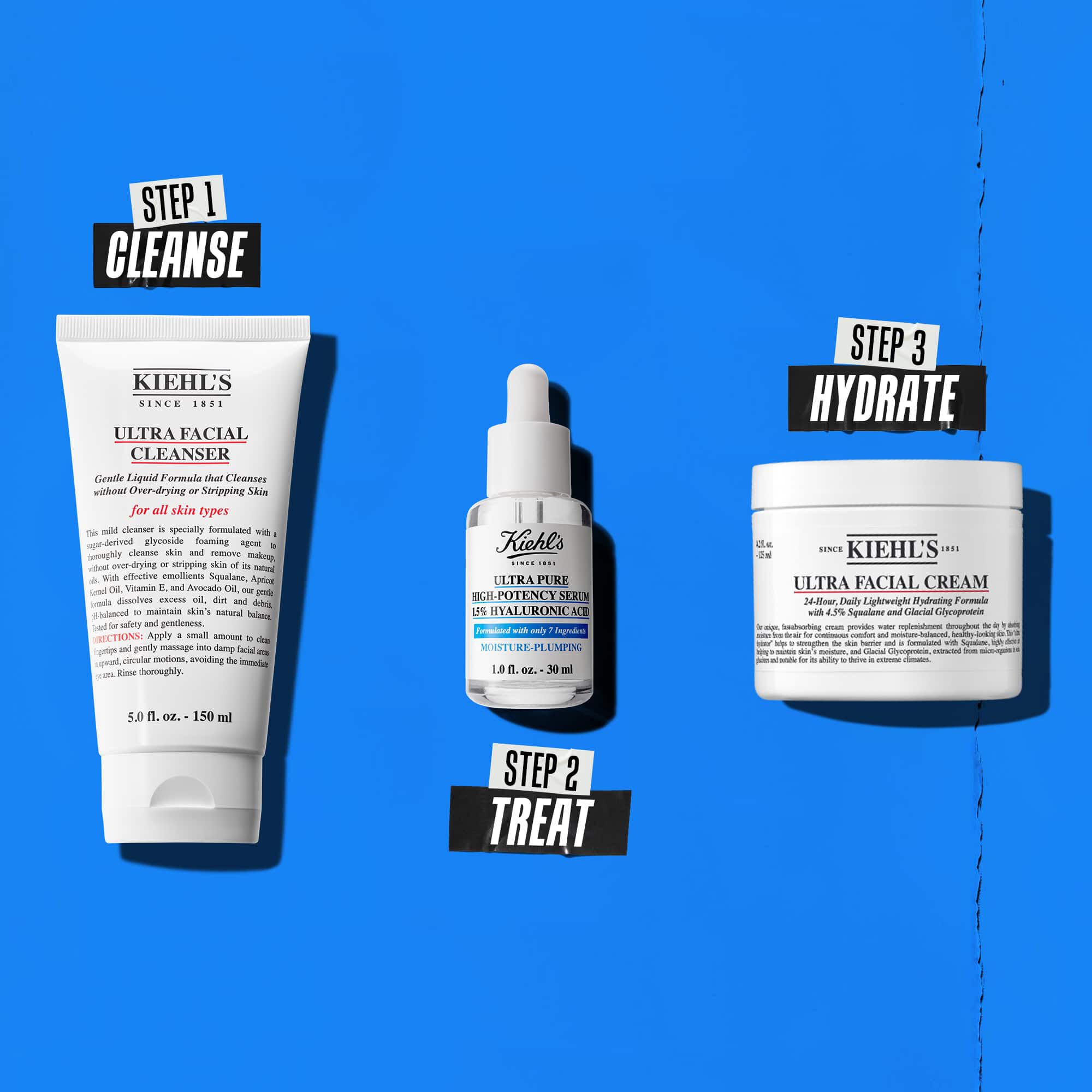 Una rutina de tres pasos con productos de Kiehl's. Paso 1: Ultra Facial Cleanser. Paso 2: Serum de acido hialuronico. Paso 3: Ultra Facial Cream.