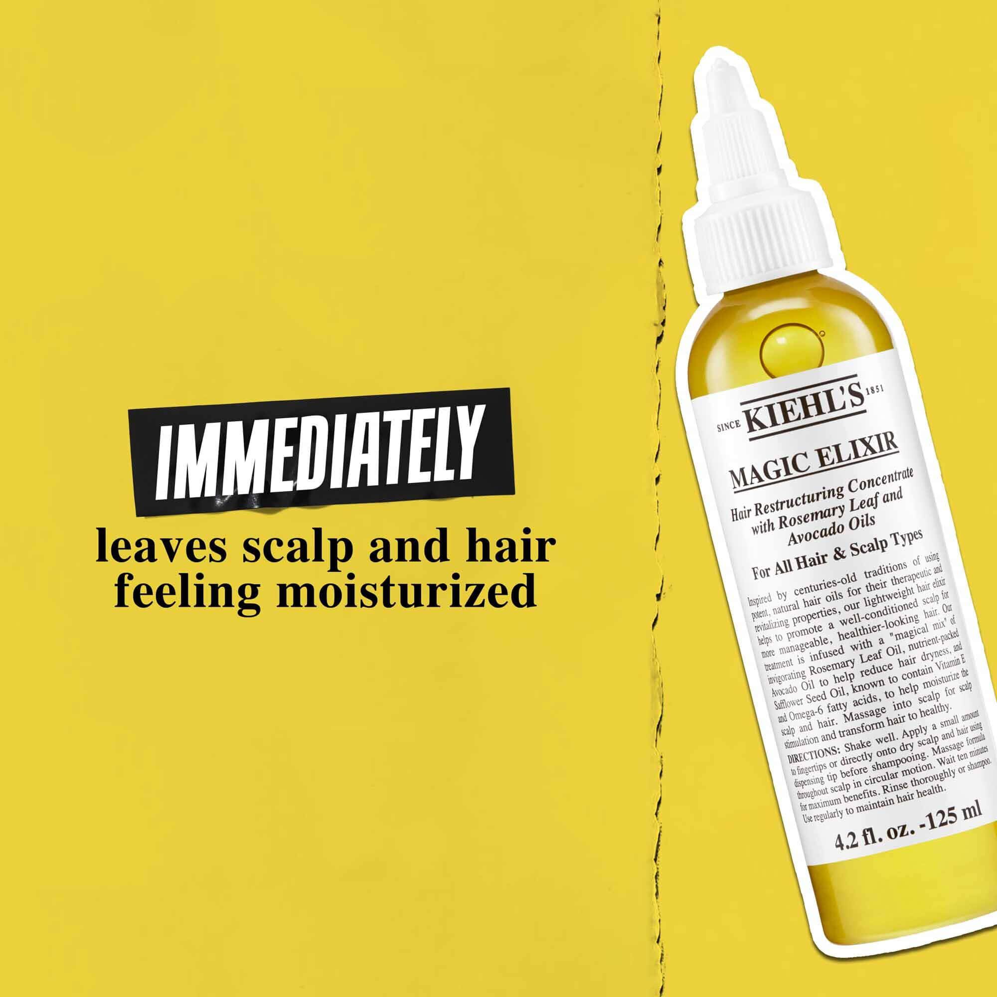 Una botella de Magic Elixir Hair Oil sobre fondo dorado con el texto: "Deja inmediatamente el cuero cabelludo y el cabello hidratados."
