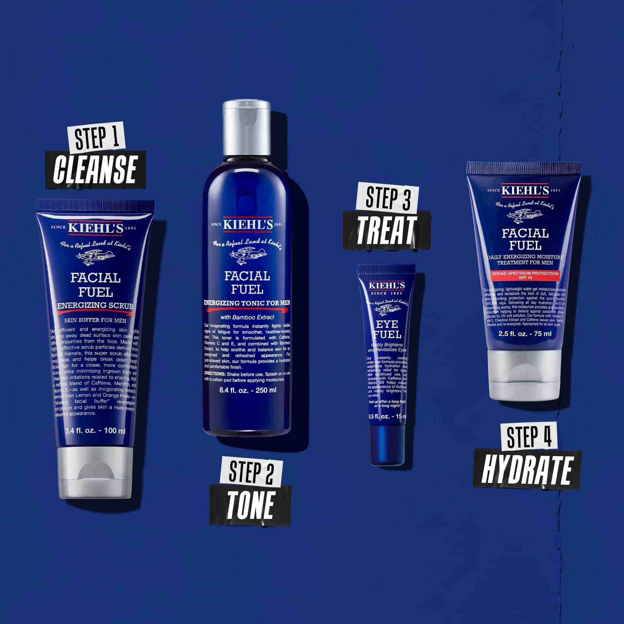 Rutina de cuatro productos para limpiar, tonificar, tratar e hidratar.