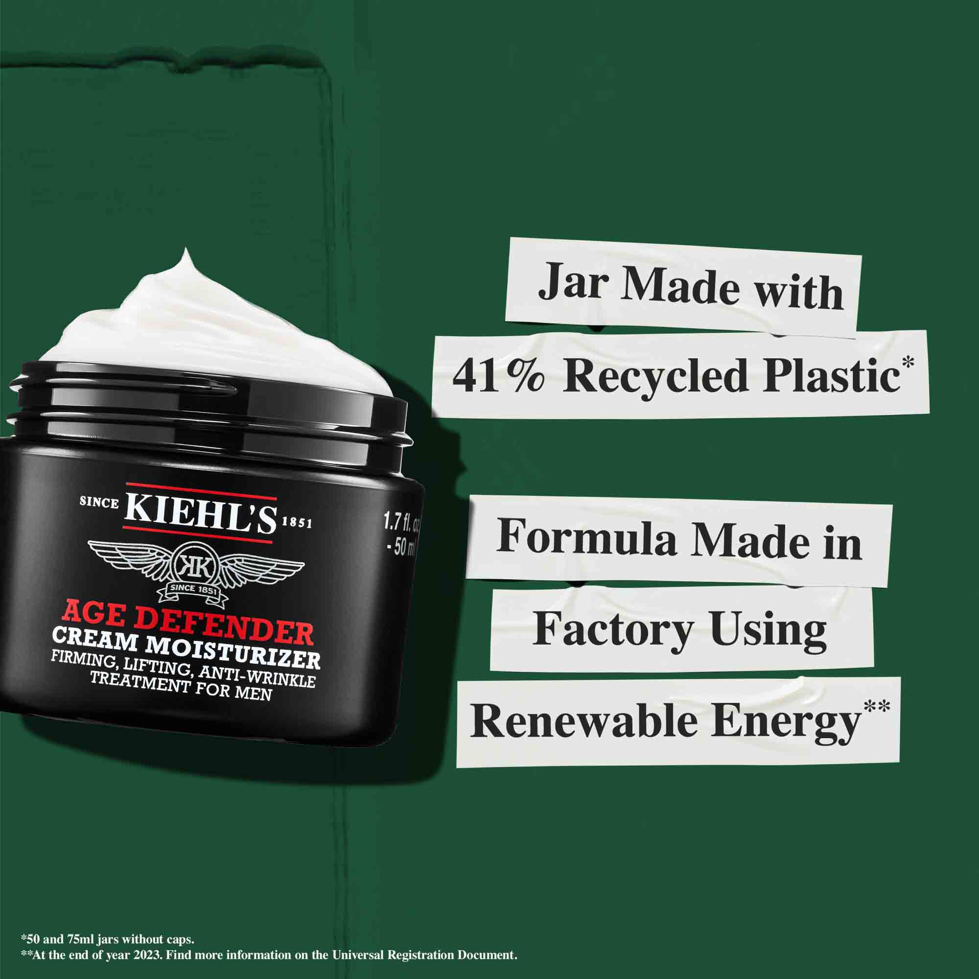 Tarro de Age Defender fabricado con un 41 % de plastico reciclado; formula fabricada en una fabrica que utiliza energia renovable.