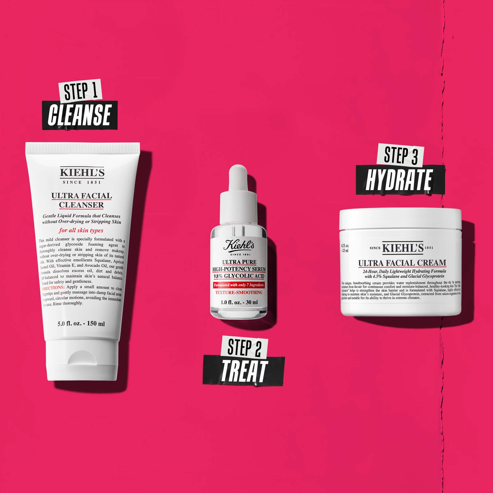 Una rutina de tres pasos con productos de Kiehl's. Paso 1: Ultra Facial Cleanser. Paso 2: Serum de acido glicolico. Paso 3: Ultra Facial Cream.