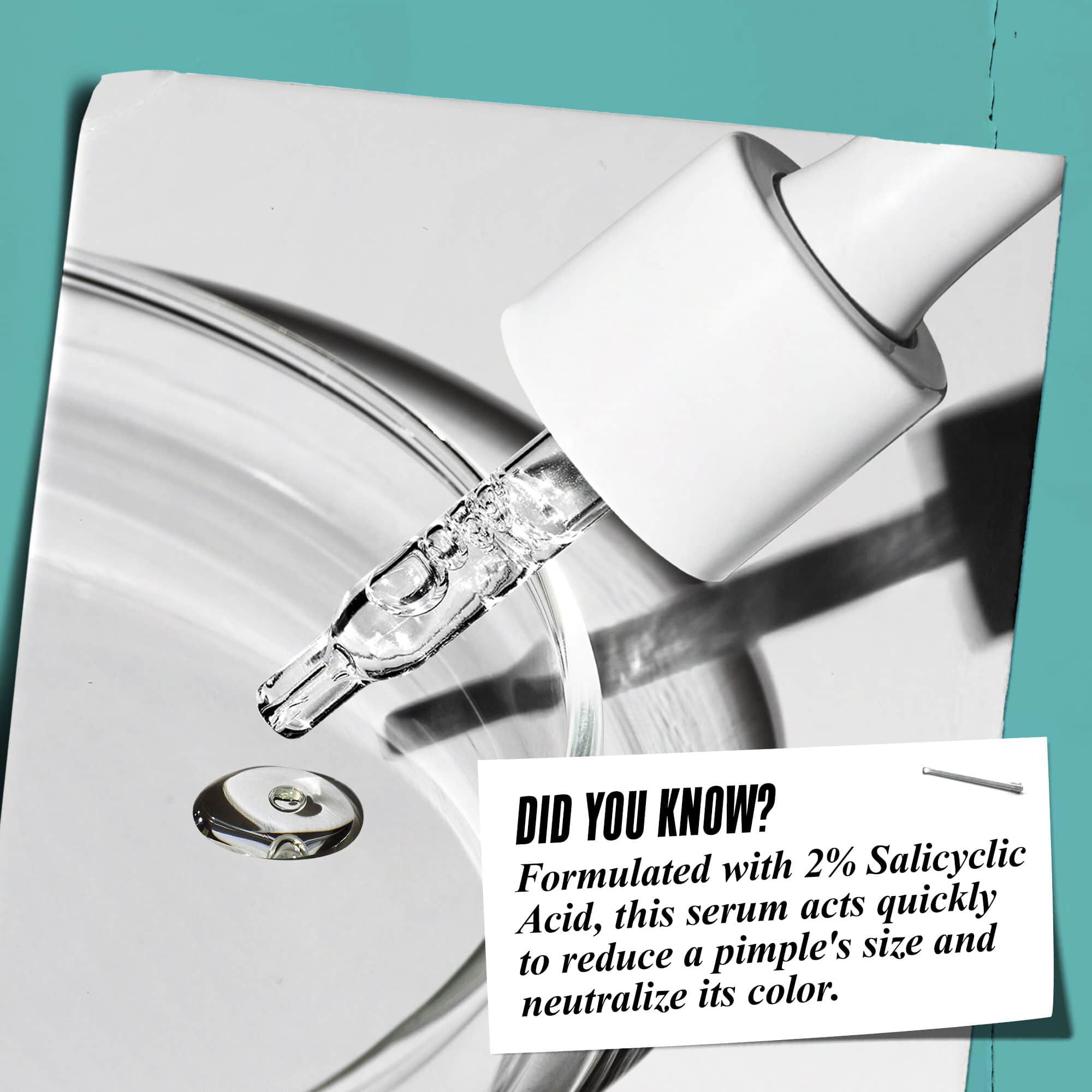 Un gotero dispensando Truly-Targeted Blemish-Clearing Solution en un plato de vidrio con el texto: "¿Sabias que? Formulado con un 2% de acido salicilico para reducir el tamano de los granos y neutralizar su color."