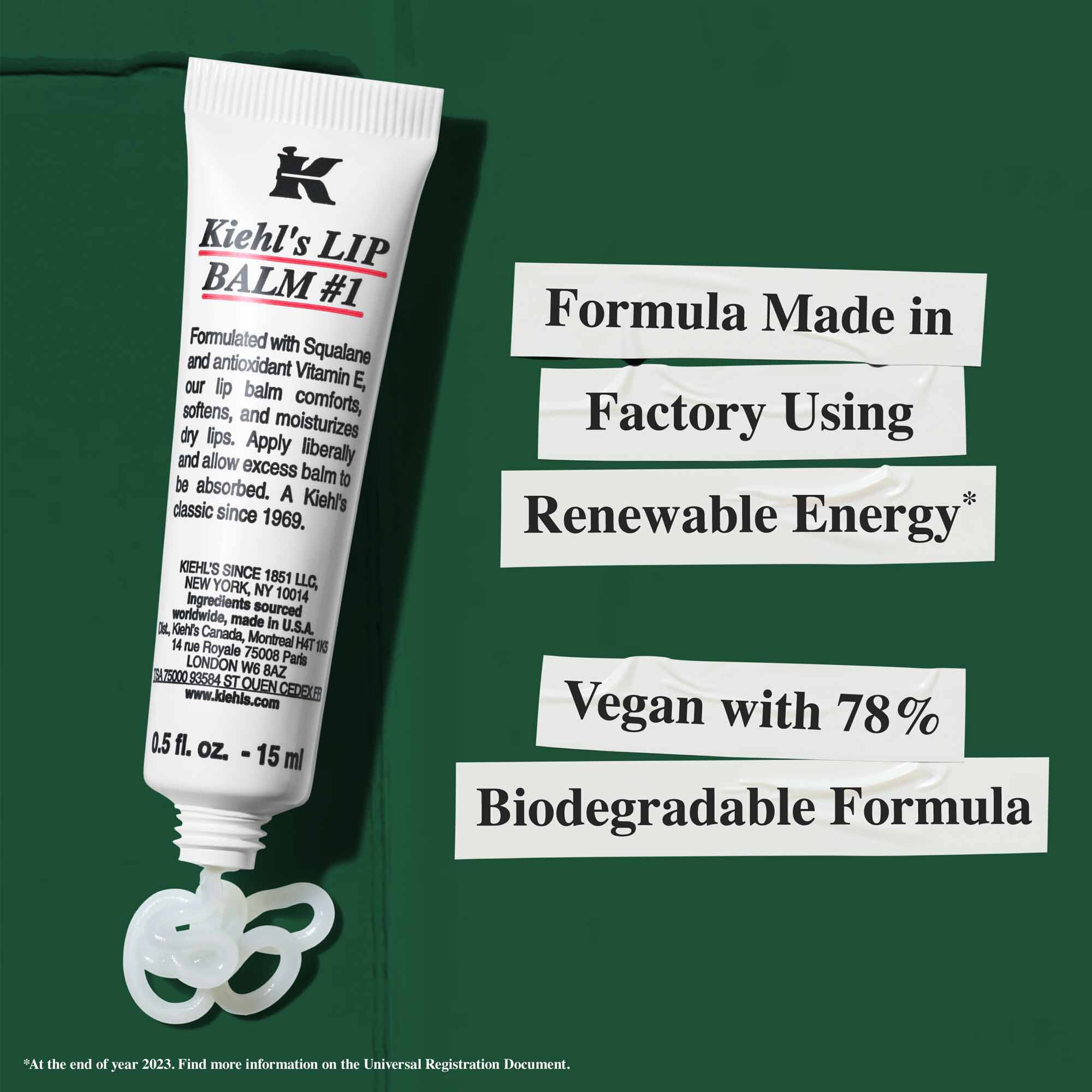 Un tubo de Lip Balm #1 con texto que destaca la sostenibilidad: "Formula fabricada en una fabrica que utiliza energia renovable" y "Vegana con formula 78% biodegradable".
