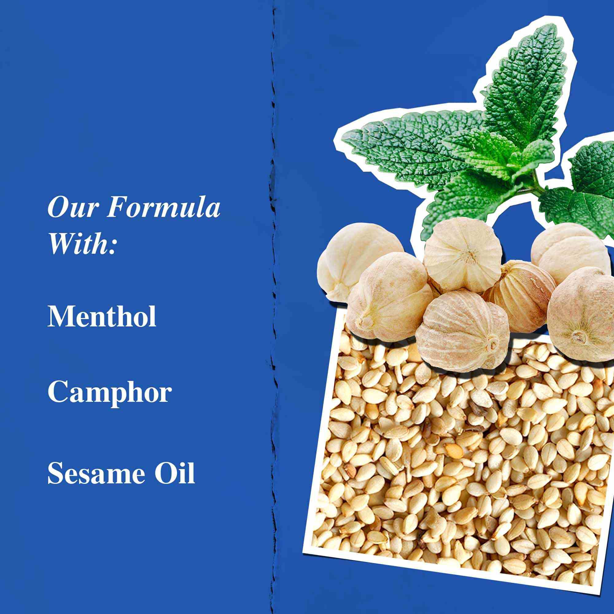Grafico de ingredientes clave: mentol, White Eagle, alcanfor y aceite de sesamo.