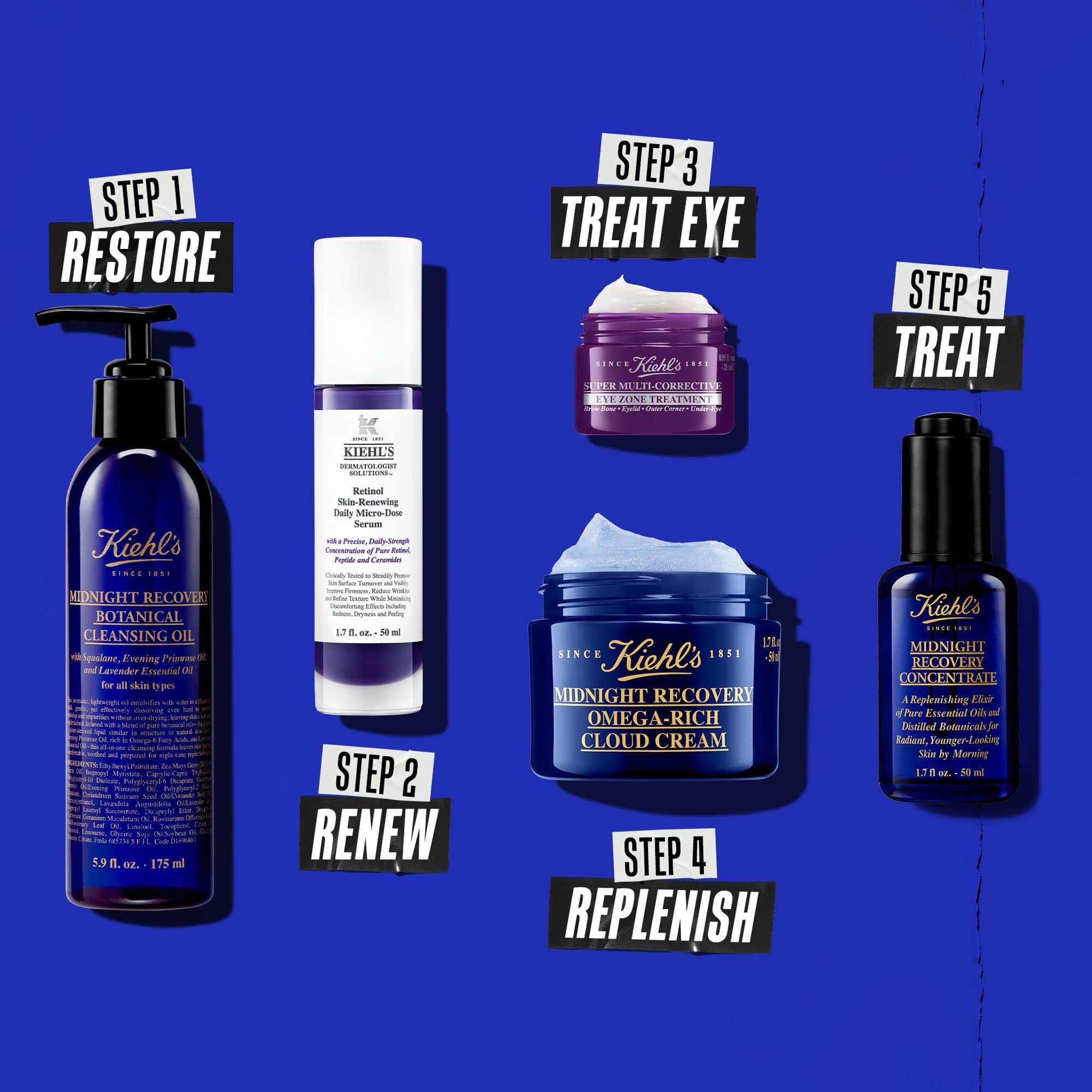 Una rutina nocturna de cinco pasos con productos de Kiehl's. De izquierda a derecha: limpiador, serum de retinol, contorno de ojos, crema hidratante y Midnight Recovery Concentrate.
