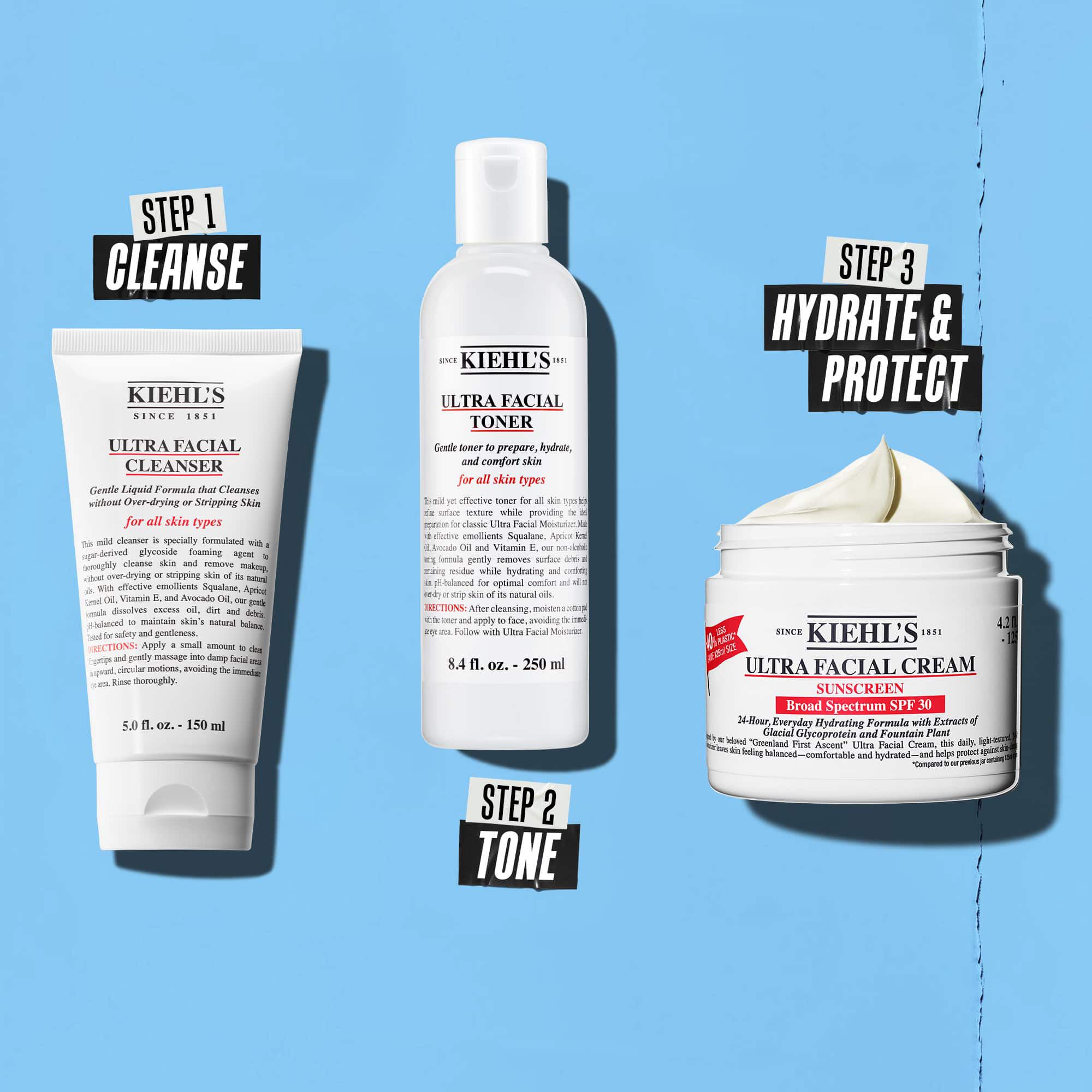 Una rutina de tres pasos con productos de Kiehl's. Paso 1: Ultra Facial Cleanser. Paso 2: Ultra Facial Toner. Paso 3: Ultra Facial Cream SPF 30.