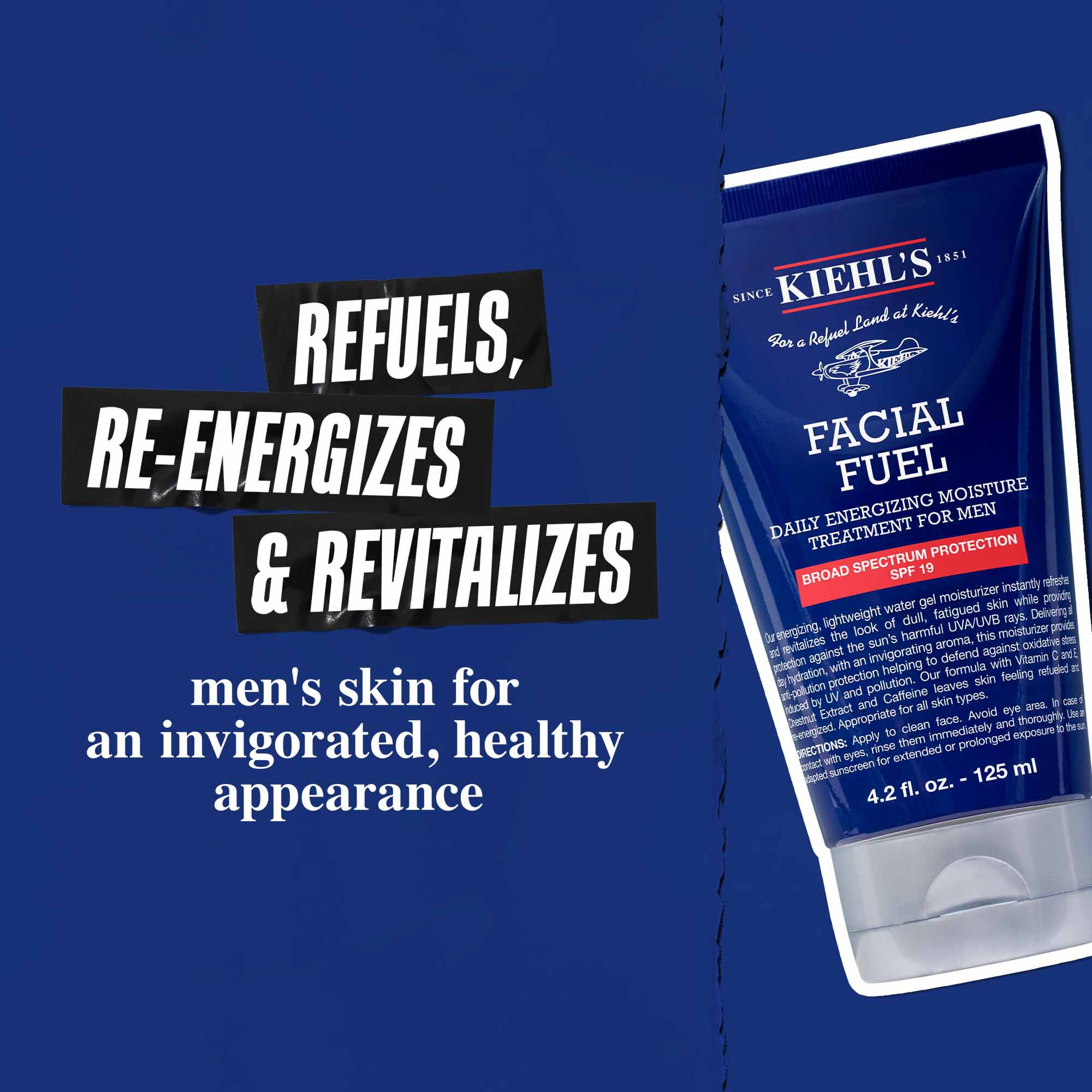 Facial Fuel Moisturizer SPF 19: revitaliza y recarga la piel del hombre para una apariencia saludable y llena de energia.