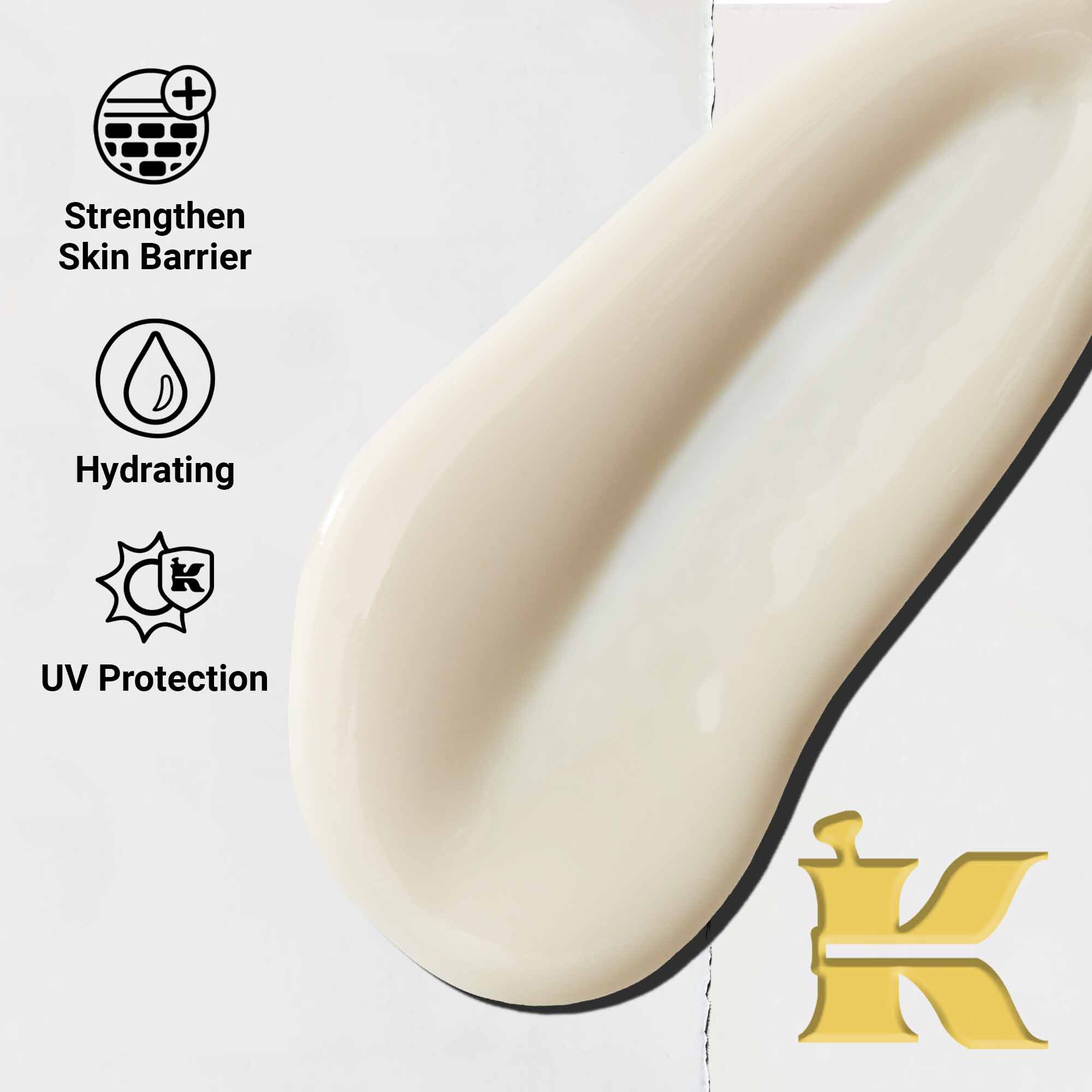 Primer plano de la textura de Ultra-Light Daily UV Defense. El texto destaca su proteccion UV ligera, hidratante y de amplio espectro.