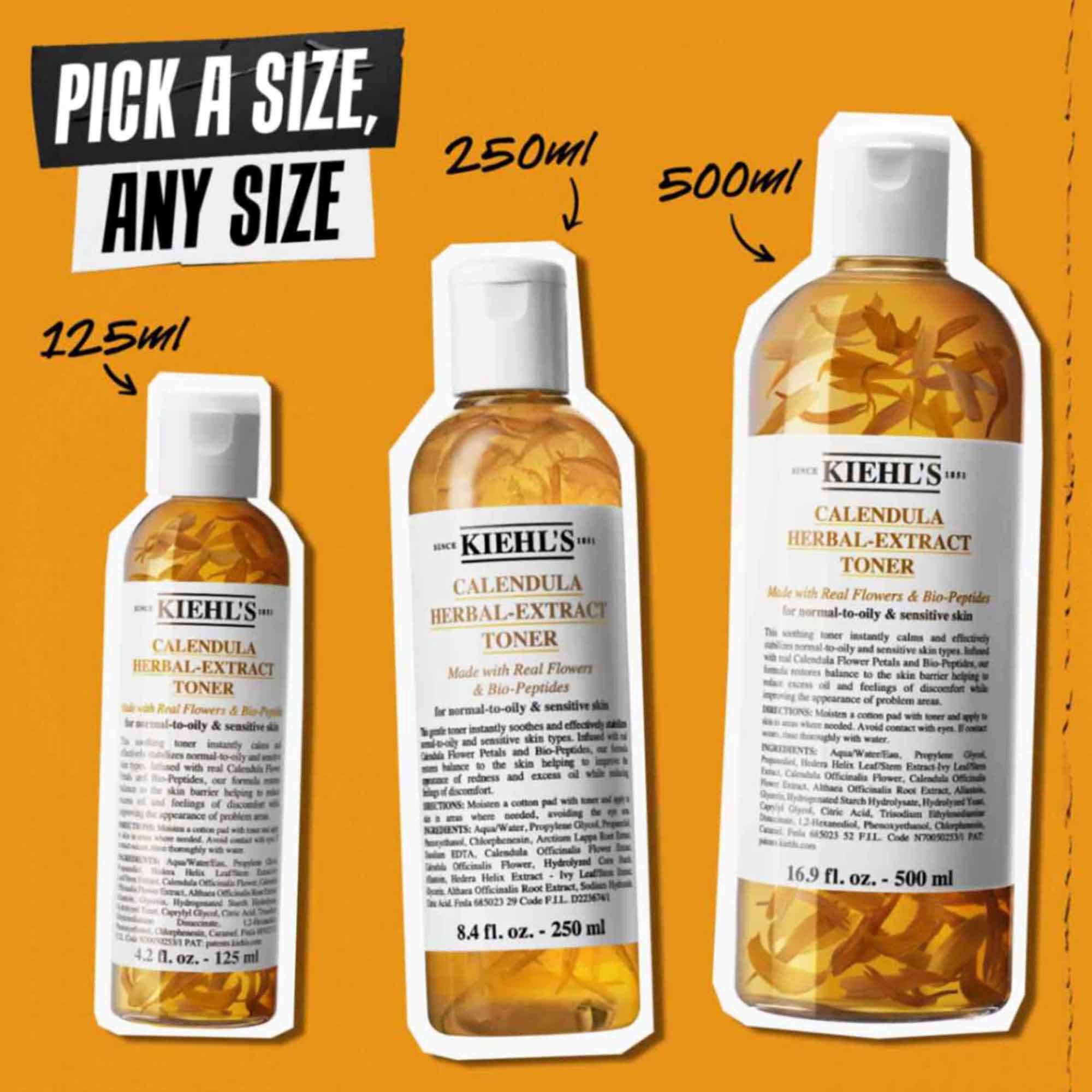 Tres botellas de Calendula Herbal-Extract Toner en diferentes tamanos (125 ml, 250 ml, 500 ml) sobre fondo naranja con el texto "Elige un tamano, cualquier tamano."
