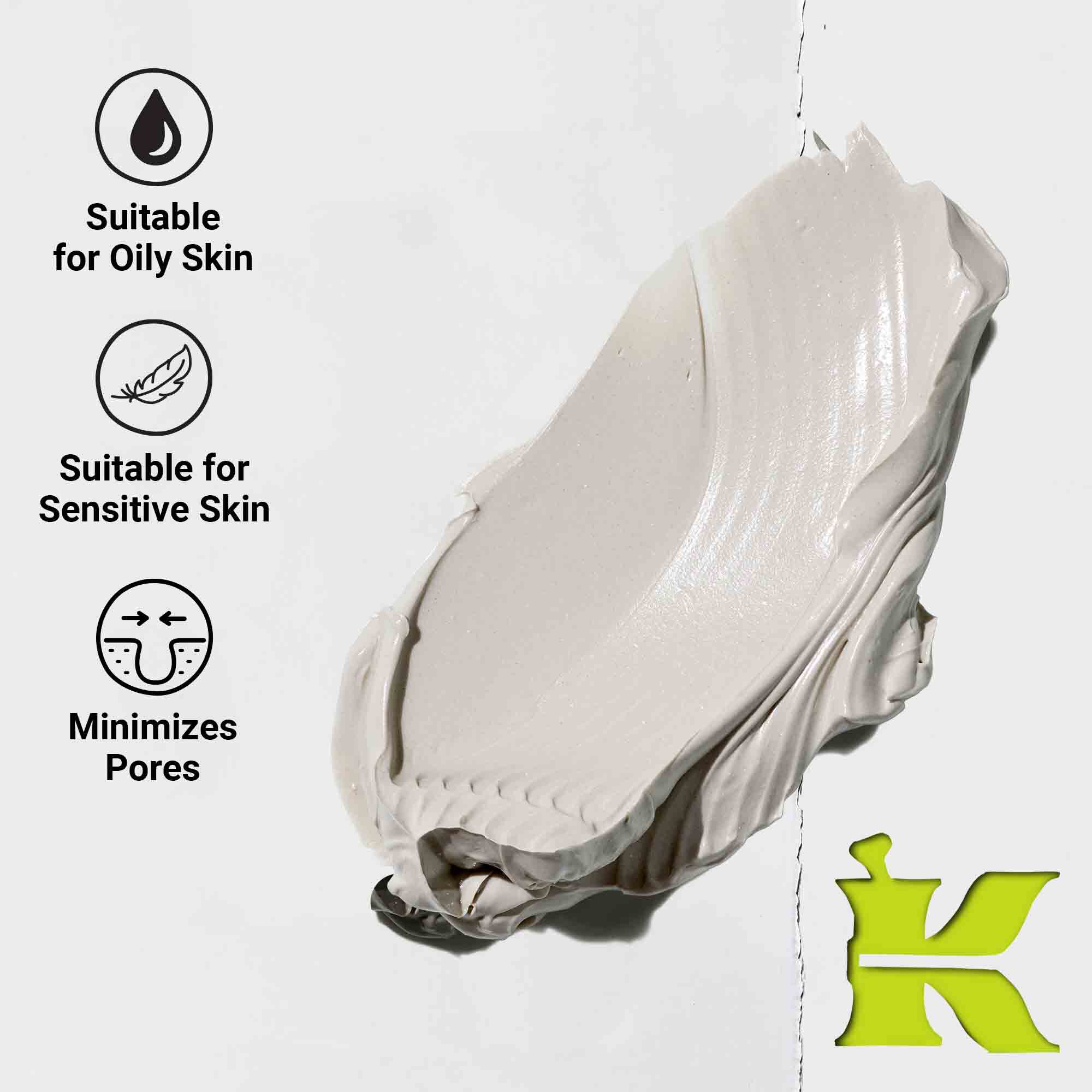 Foto de la textura con iconos que indican que reduce los poros, contiene ingredientes naturales y es para todo tipo de pieles