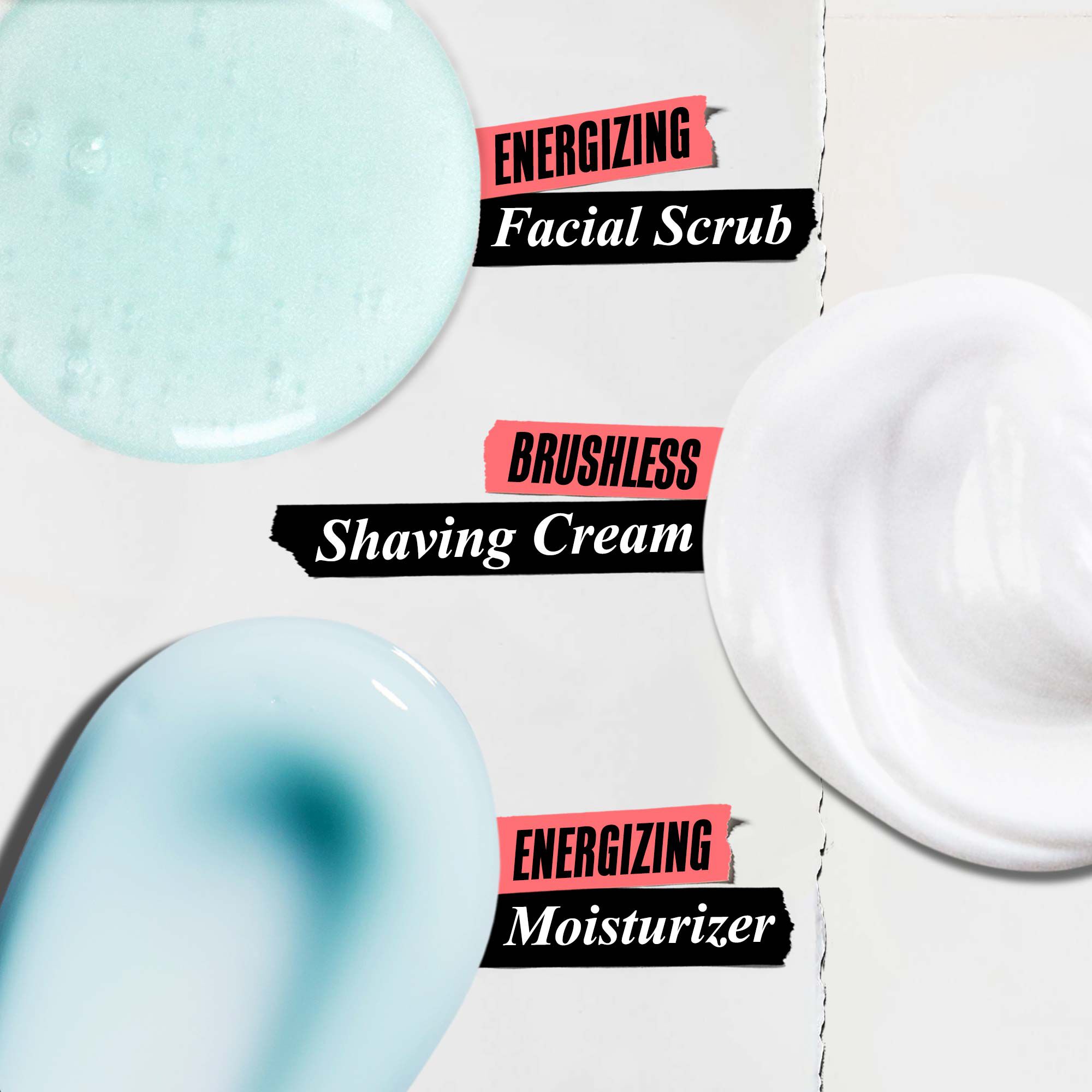 Shave It Off & Take Off Gift Set textures: Energizing Facial Scrub, Brushless Shaving Cream, Energizing Moisturizer  