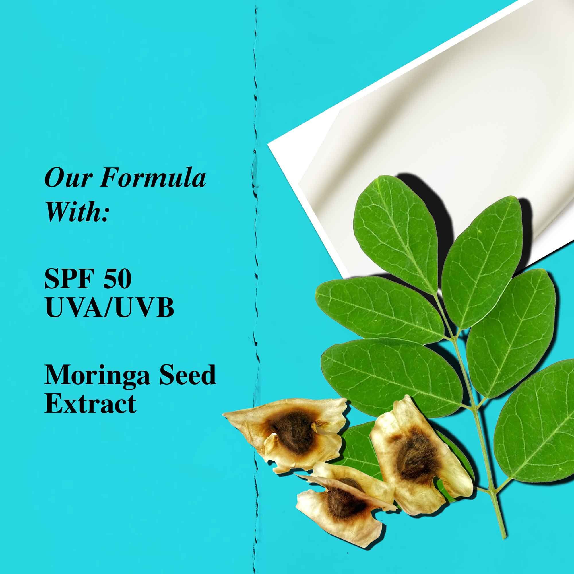 Un grafico que destaca los ingredientes clave de Ultra Light Daily UV Defense Aqua Gel, incluido el SPF 50 y el extracto de semilla de moringa.