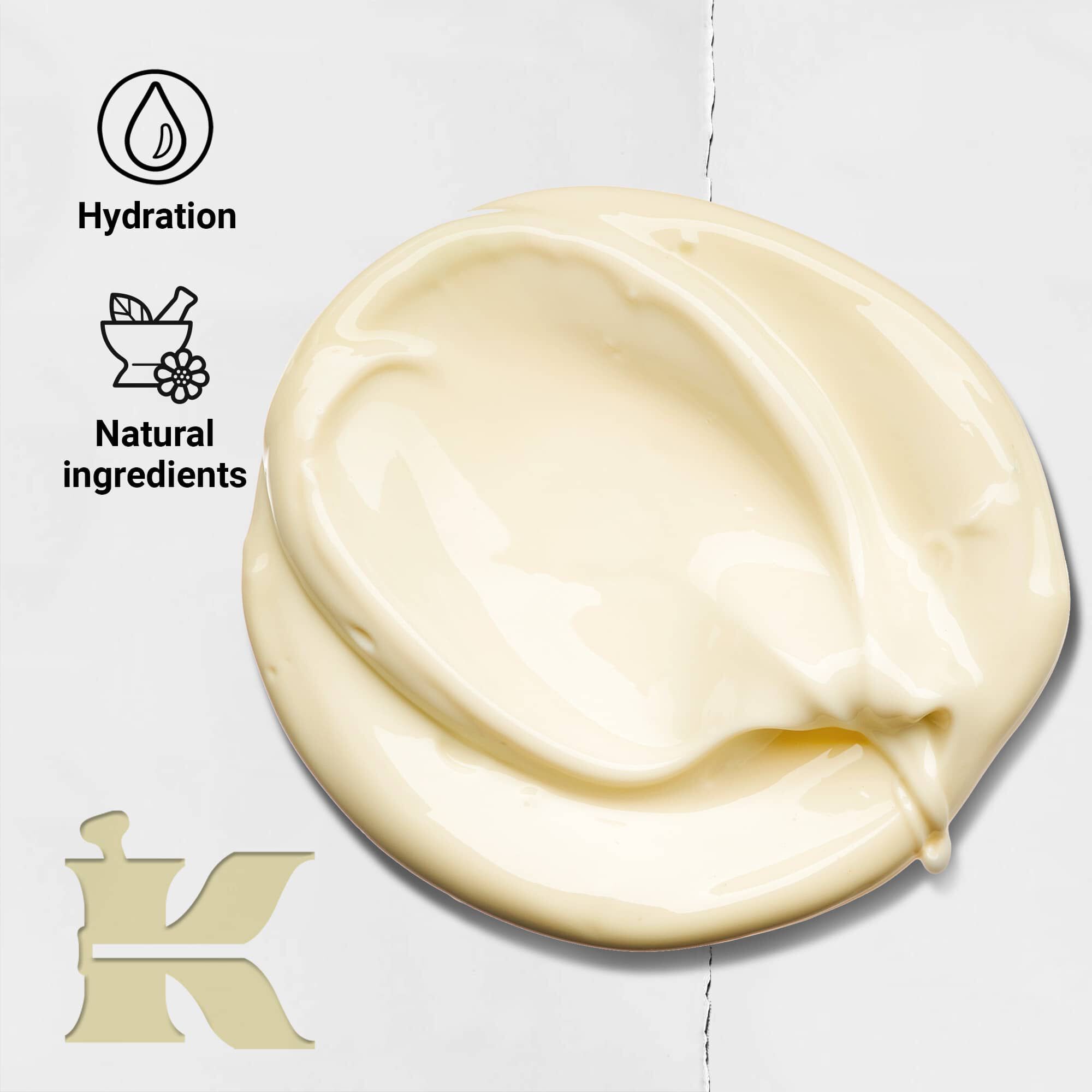 Foto de la textura de Creme de Corps con iconos que indican que ofrece hidratacion y contiene ingredientes naturales