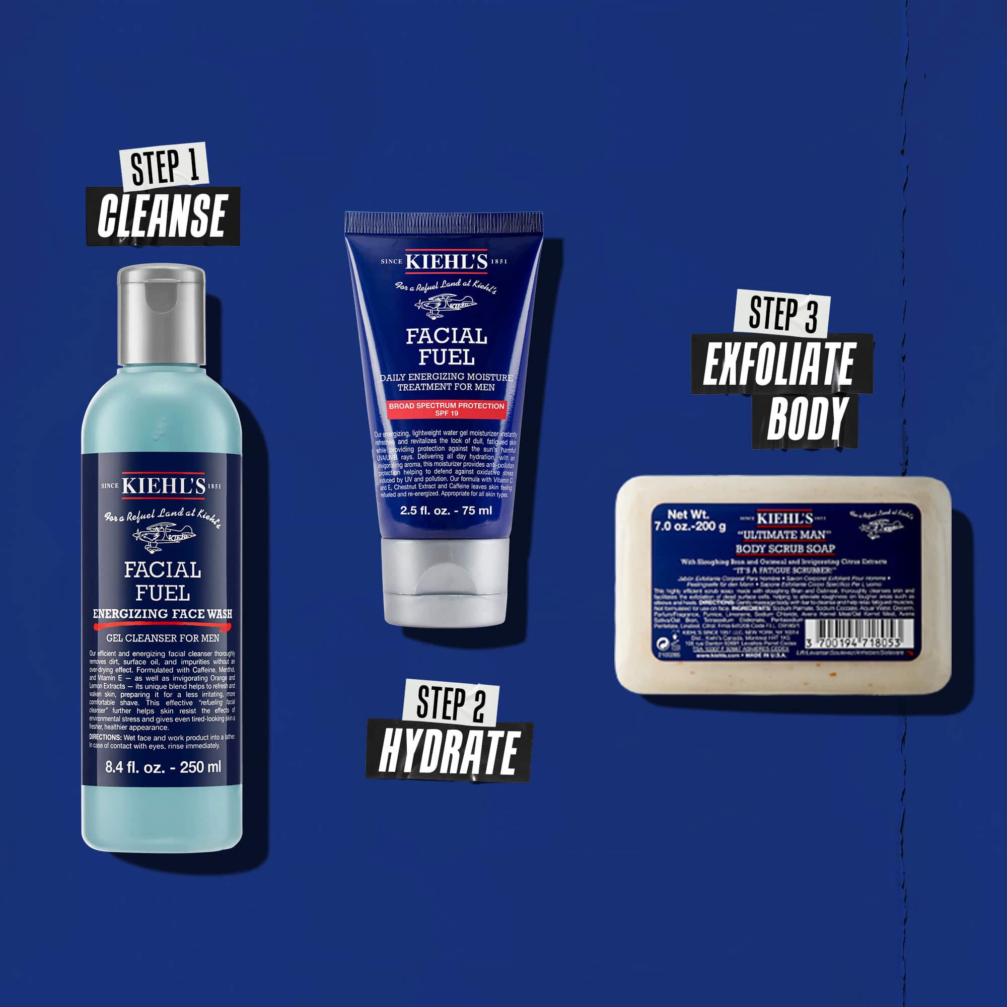 Tres productos de Kiehl's que representan una rutina. De izquierda a derecha: Facial Fuel Cleanser, Facial Fuel Moisturizer y Ultimate Man Body Scrub Soap.