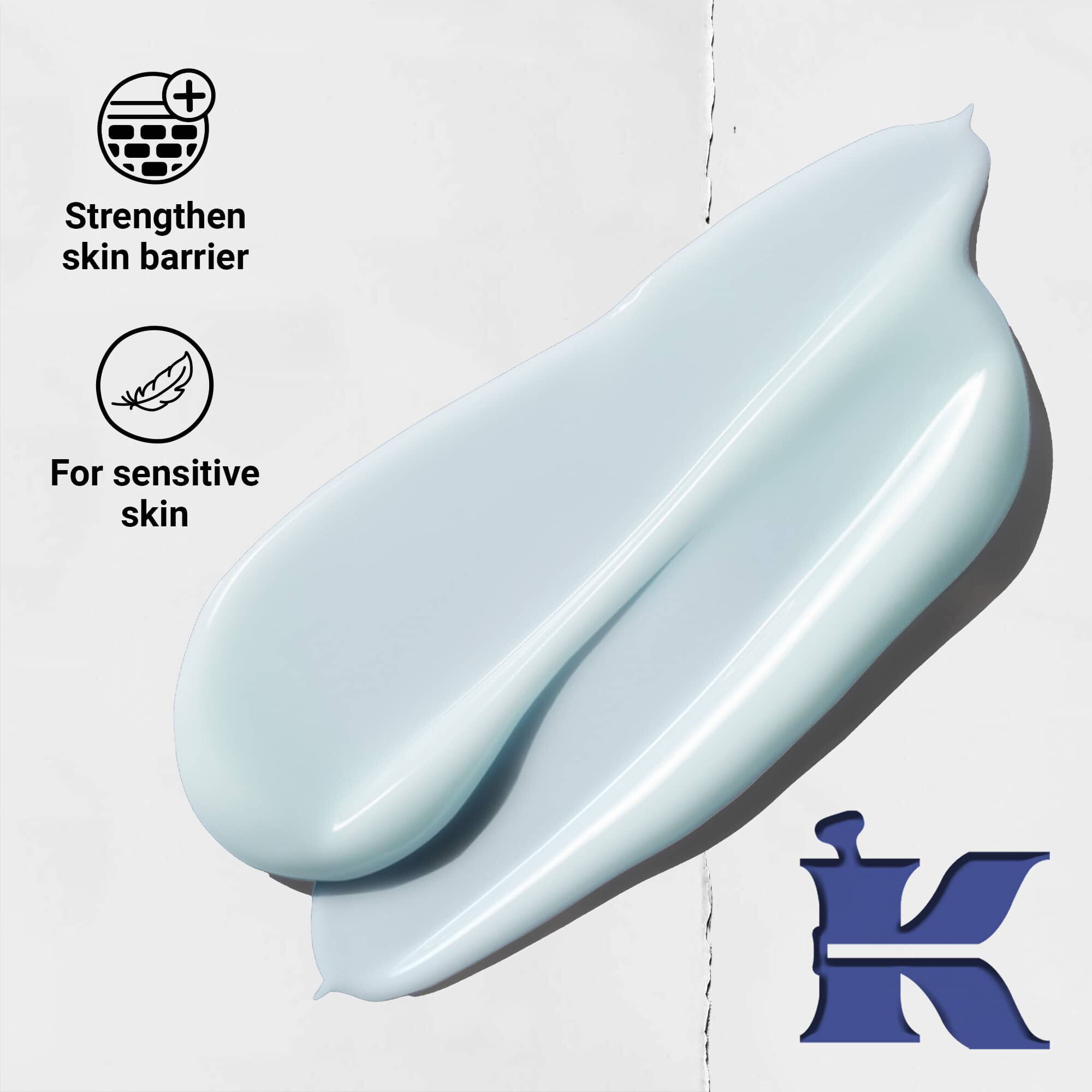 Foto de la textura de Facial Fuel con iconos que indican que refuerza la barrera cutanea y es para pieles sensibles