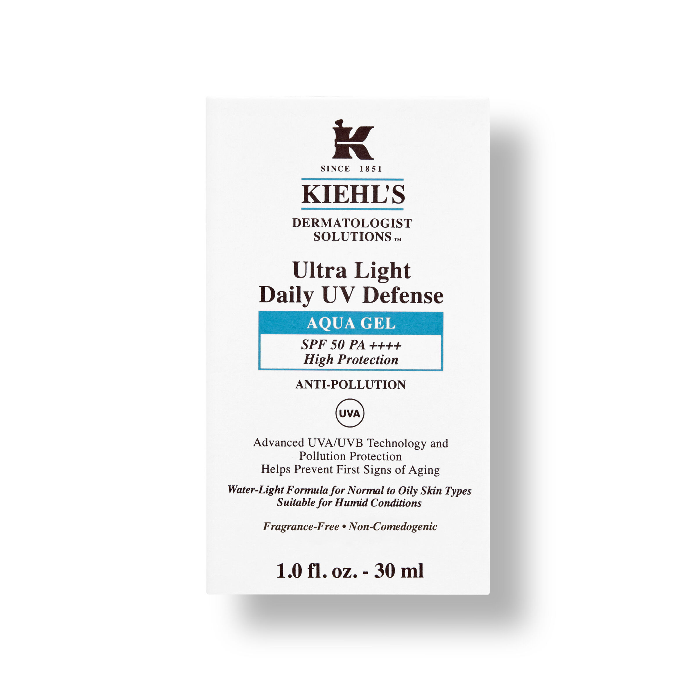Gel transparente de protección solar Kiehl's, SPF 50, para pieles normales a grasas. Protección anti-polución y anti-envejecimiento.
