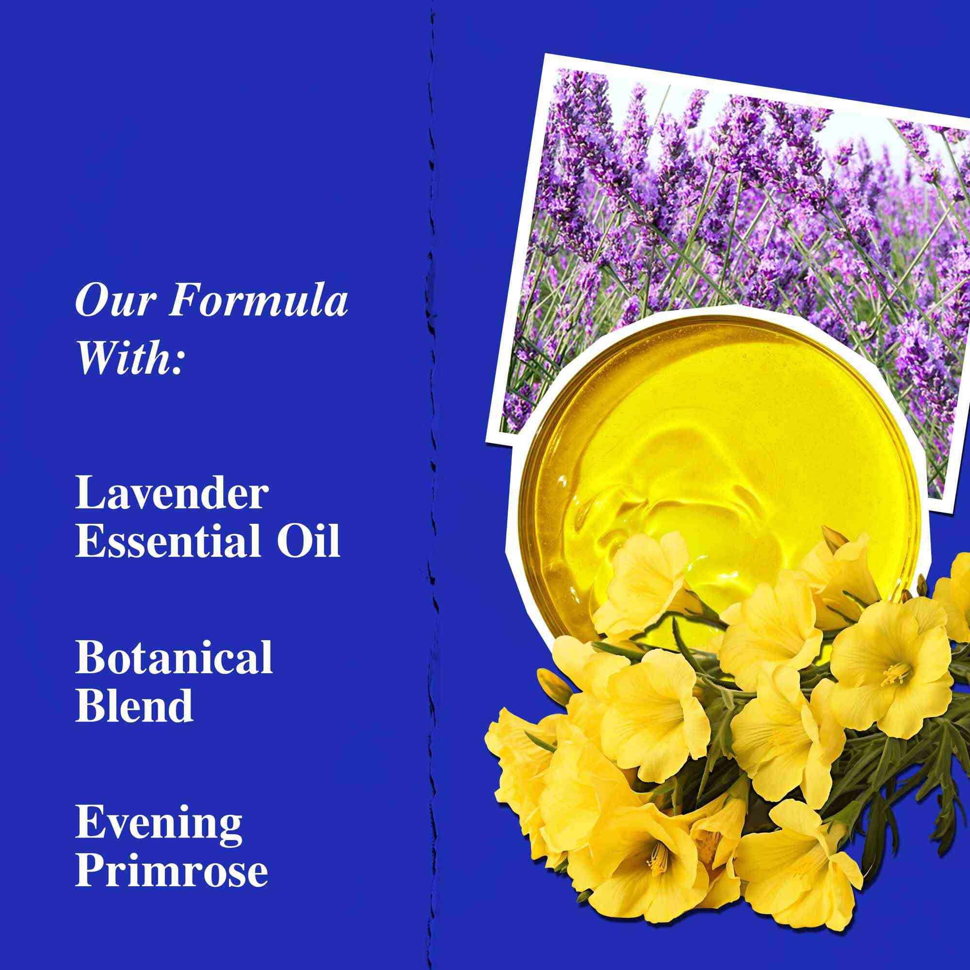 Ingredientes clave de Midnight Recovery Concentrate, destacando el aceite esencial de lavanda, el aceite de onagra y el escualano.