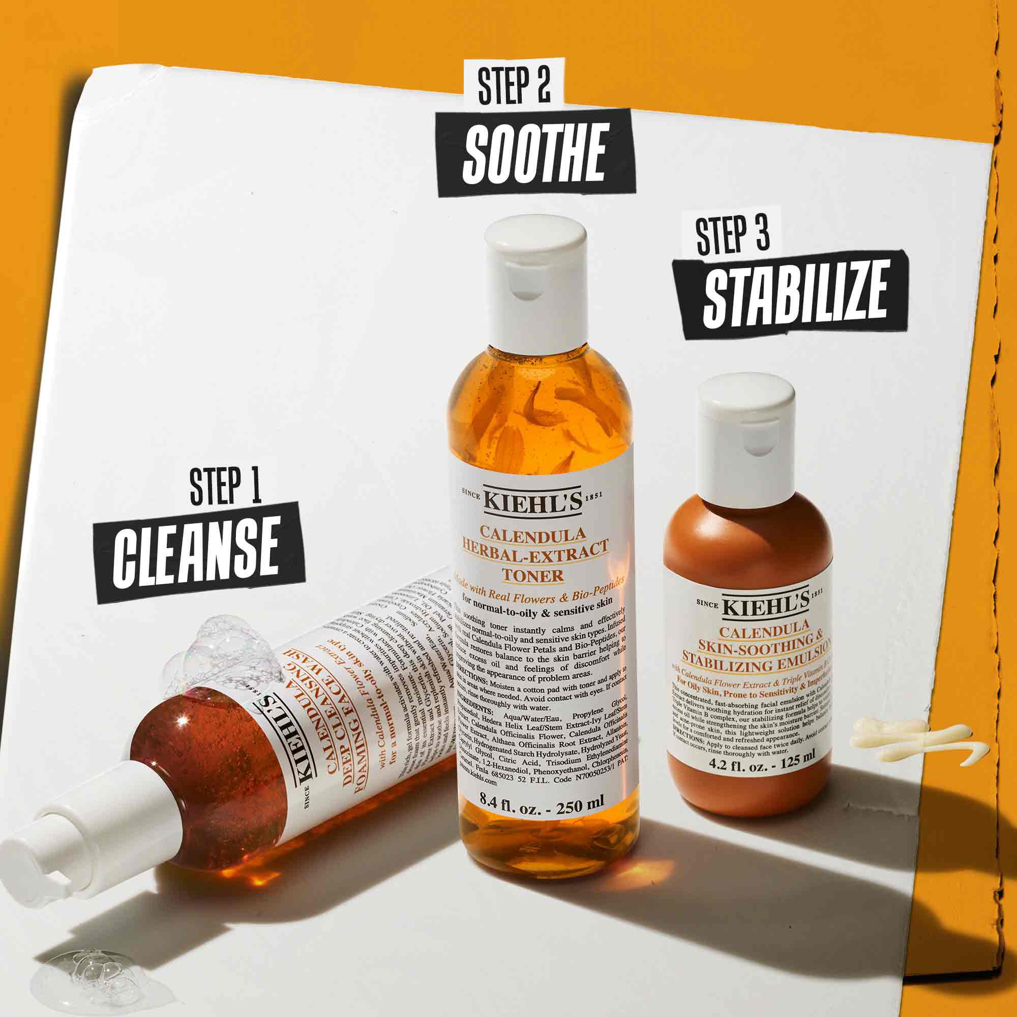 Una rutina de tres pasos con productos de Kiehl's. Paso 1: Calendula Deep Cleansing Foaming Wash. Paso 2: Calendula Herbal-Extract Toner. Paso 3: Calendula Skin Soothing Stabilizing Emulsion.