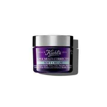 A graphic featuring a purple jar of Kiehl's Super Multi-Corrective Soft Cream with a silver lid and a label with white text that reads “50 ml".