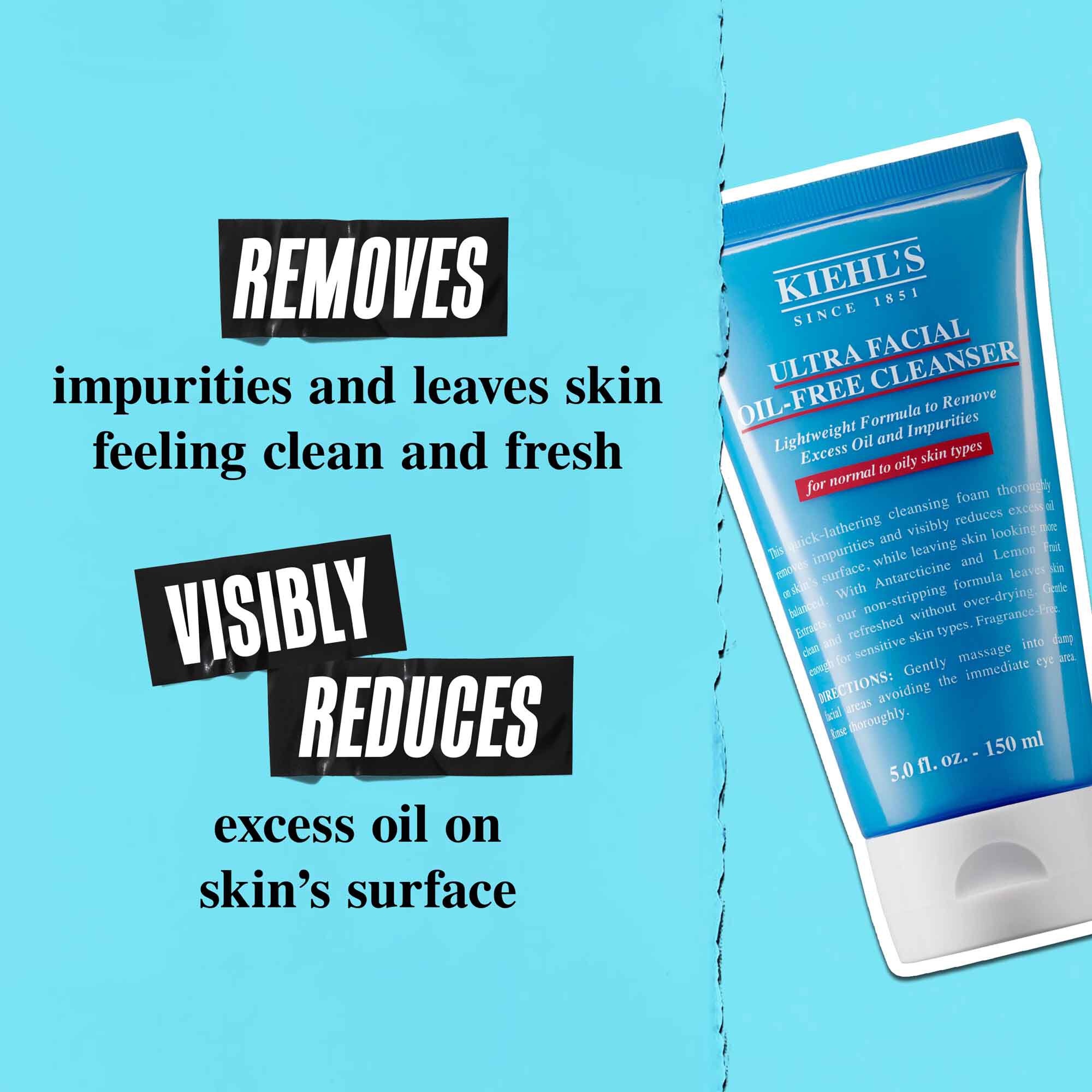 Un tubo de Ultra Facial Oil-Free Cleanser sobre fondo azul con el texto: "Elimina la grasa y deja la piel visiblemente con menos exceso de grasa en la superficie."