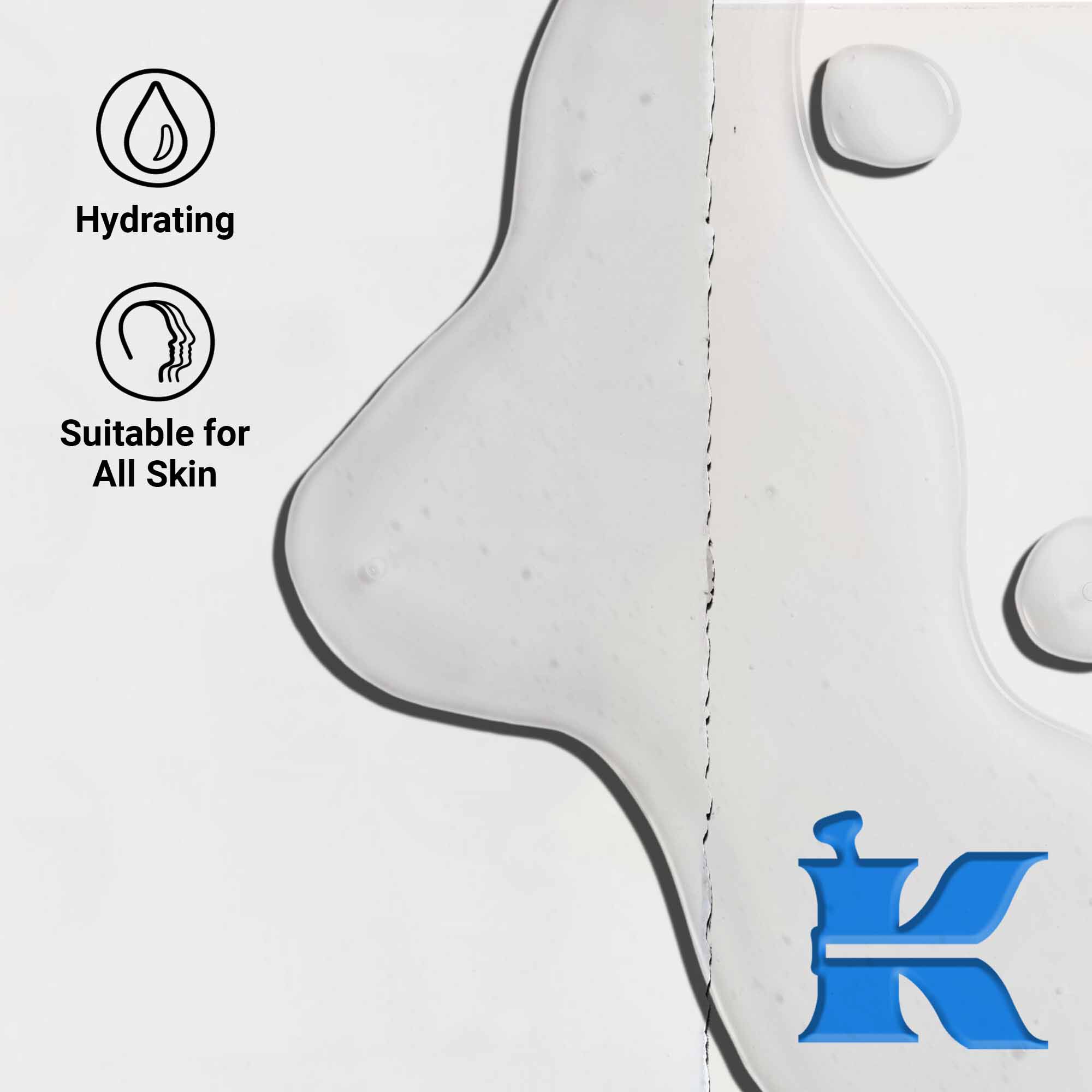 Primer plano de la textura de Ultra Pure 1.5% Hyaluronic Acid Serum que muestra gotas liquidas transparentes. El texto destaca los beneficios hidratantes y su idoneidad para todo tipo de pieles.