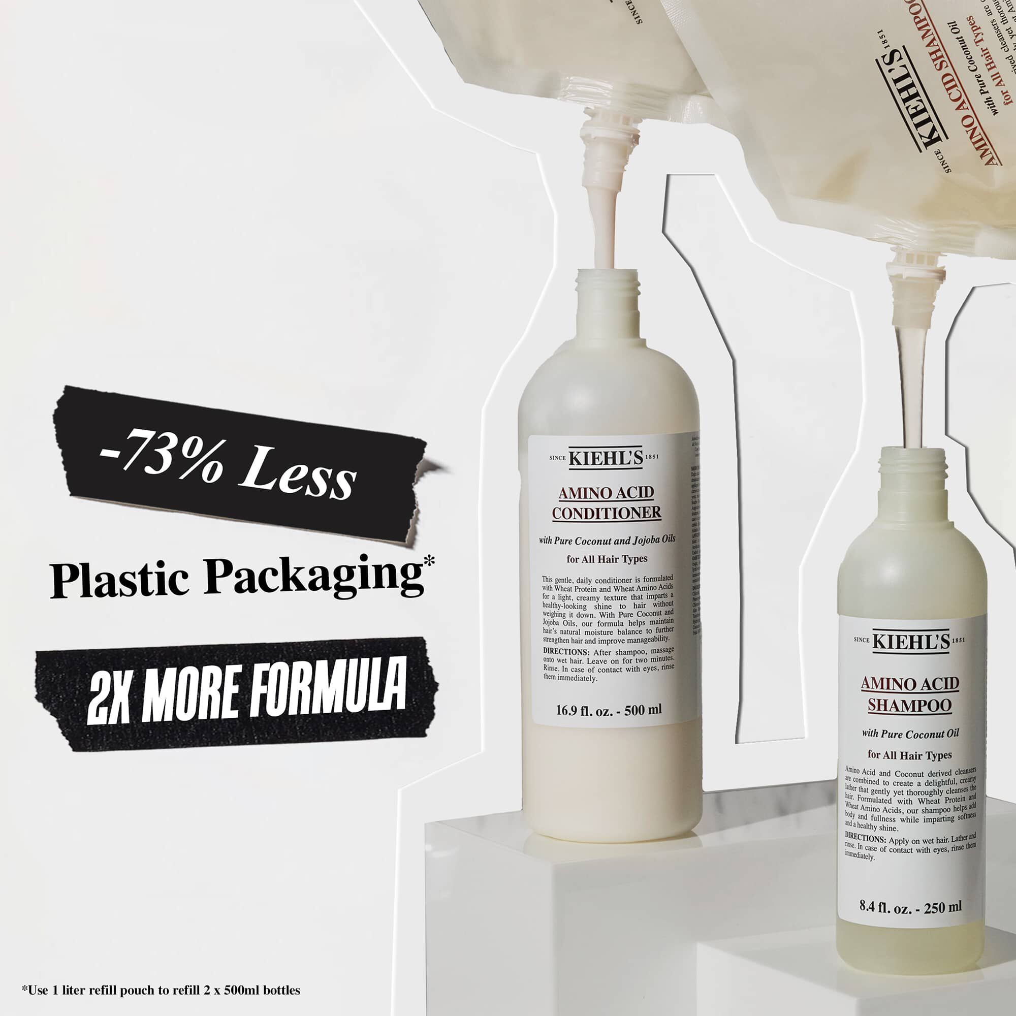 73% menos envase de plastico y el doble de formula con la bolsa de recarga de acondicionador de aminoacidos de Kiehl's