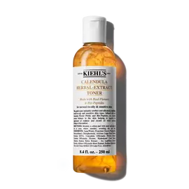 Una botella de 250 ml de Calendula Herbal-Extract Toner de Kiehl's con un liquido transparente y tono dorado.