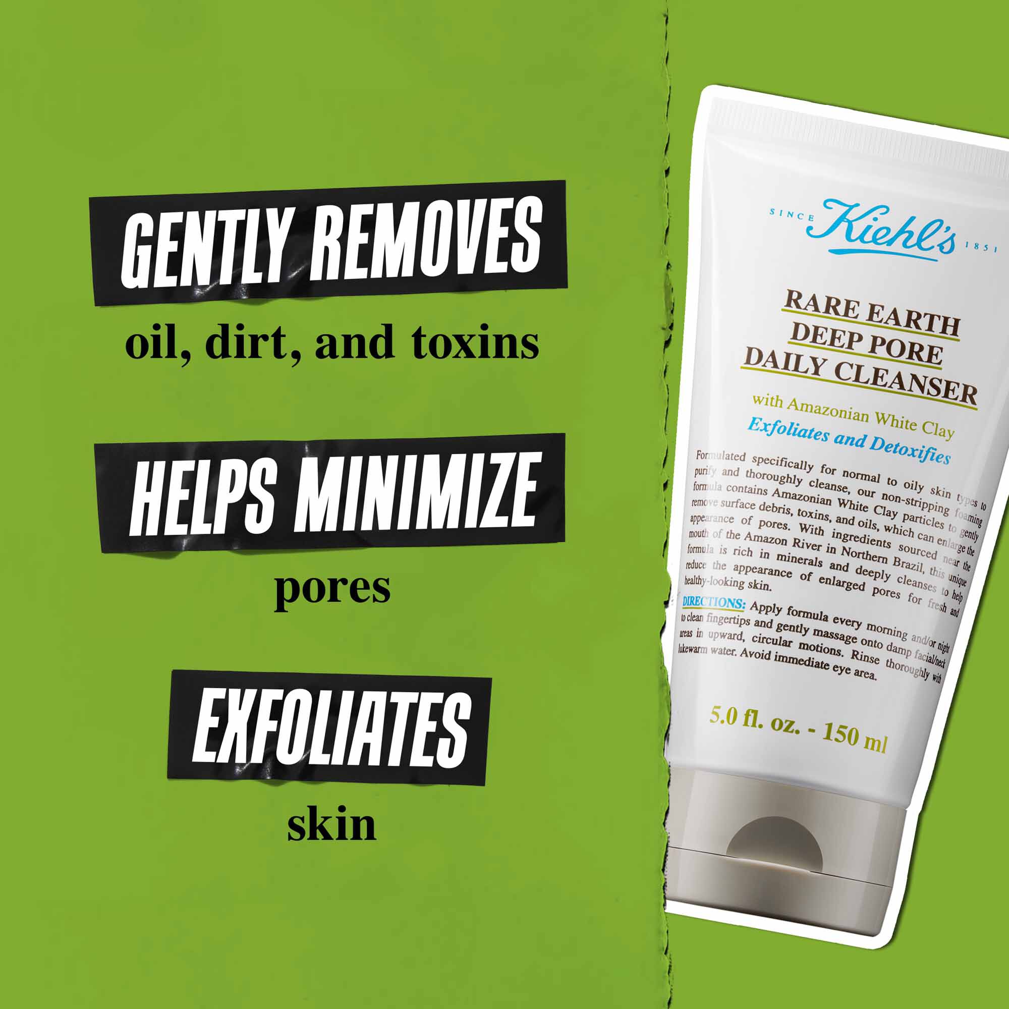 Un tubo de Rare Earth Deep Pore Daily Cleanser sobre fondo verde con el texto: "Elimina suavemente la suciedad, la grasa y las toxinas. Mantiene los poros minimizados. Exfolia y limpia la piel en profundidad."