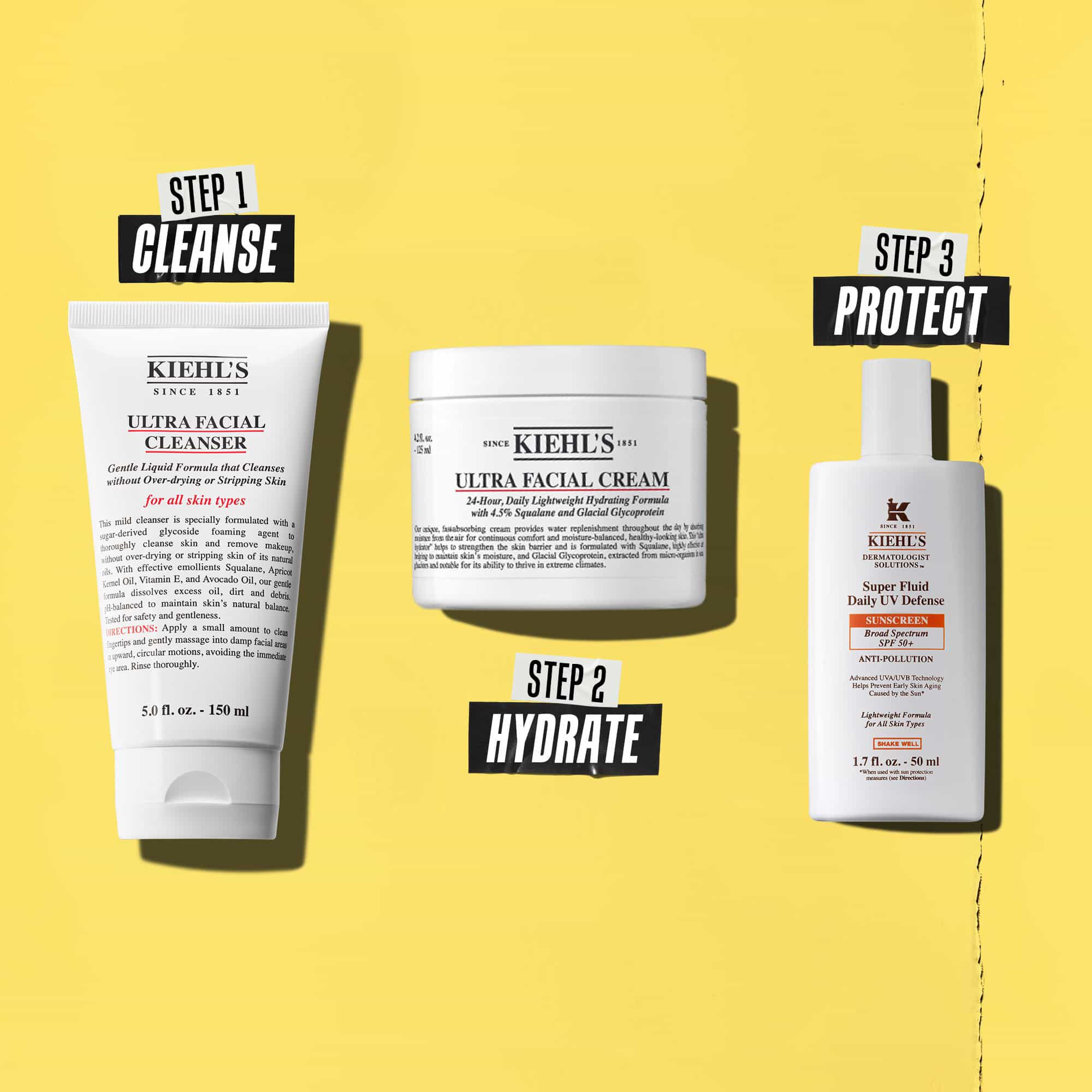 Tres productos de Kiehl's que representan una rutina. De izquierda a derecha: limpiador, crema hidratante y protector solar.