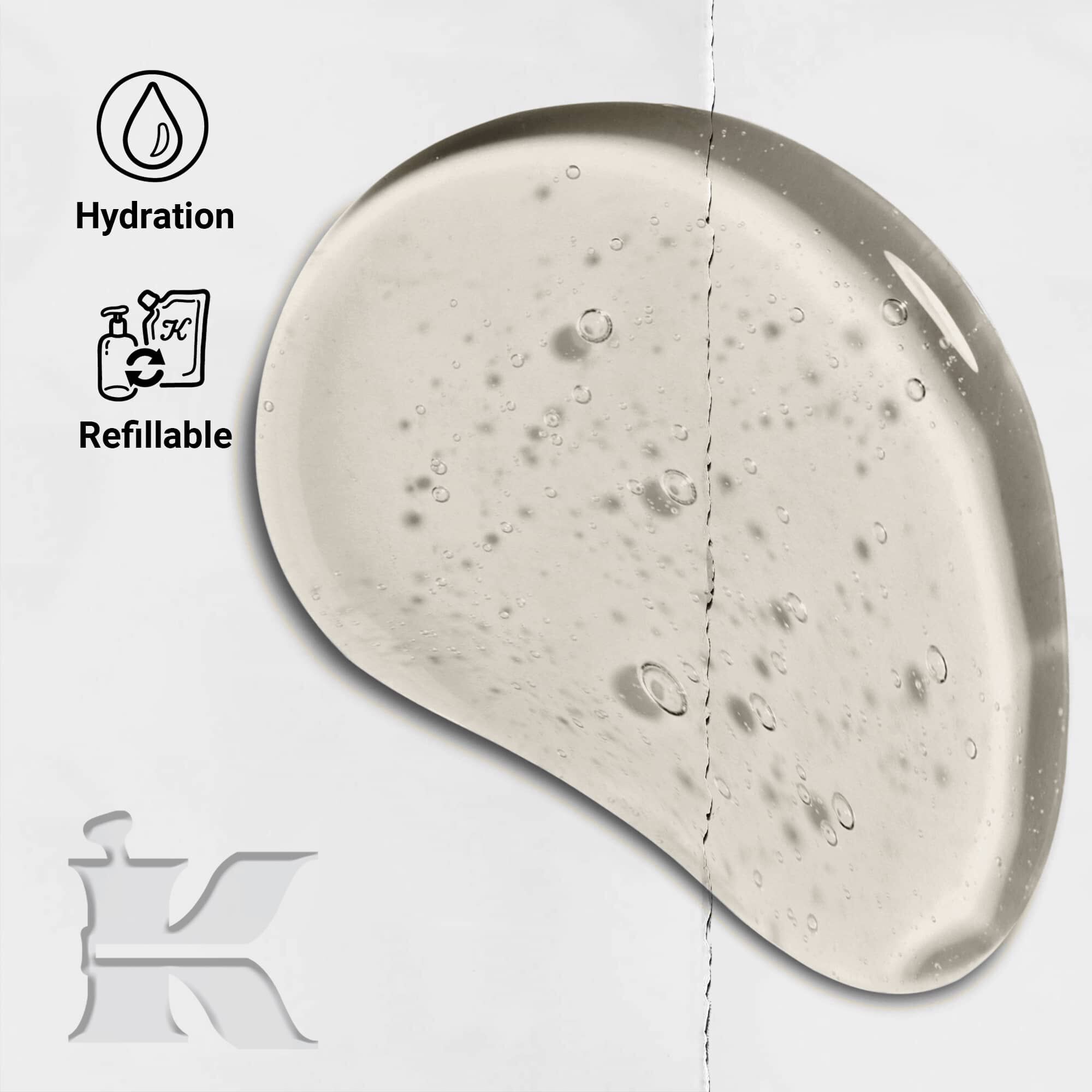 Foto de la textura de Amino Acid Shampoo con iconos que indican que es recargable y ofrece hidratacion