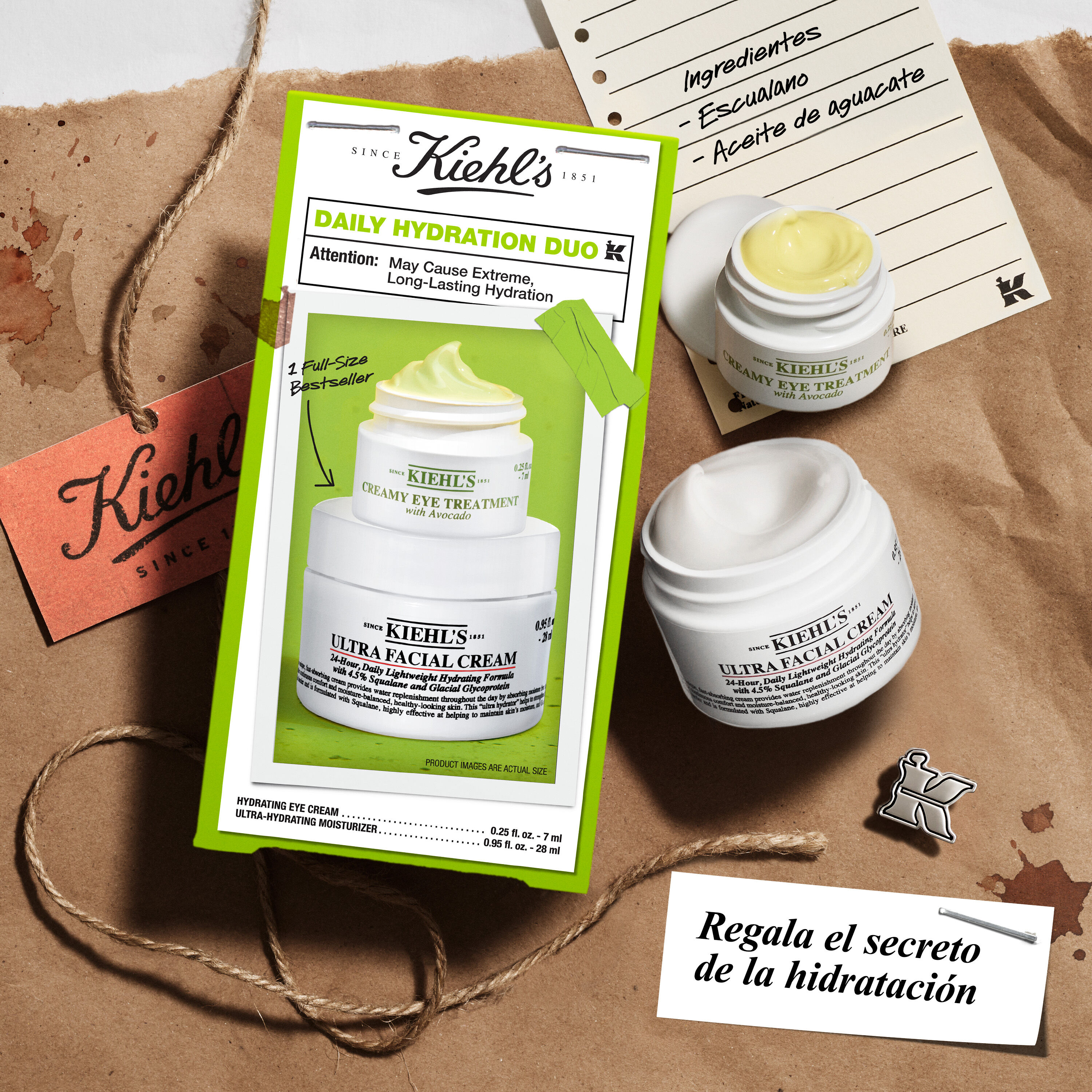 Daily Hydration Duo box with both products placed on brown paper, surrounded by lifestyle elements.