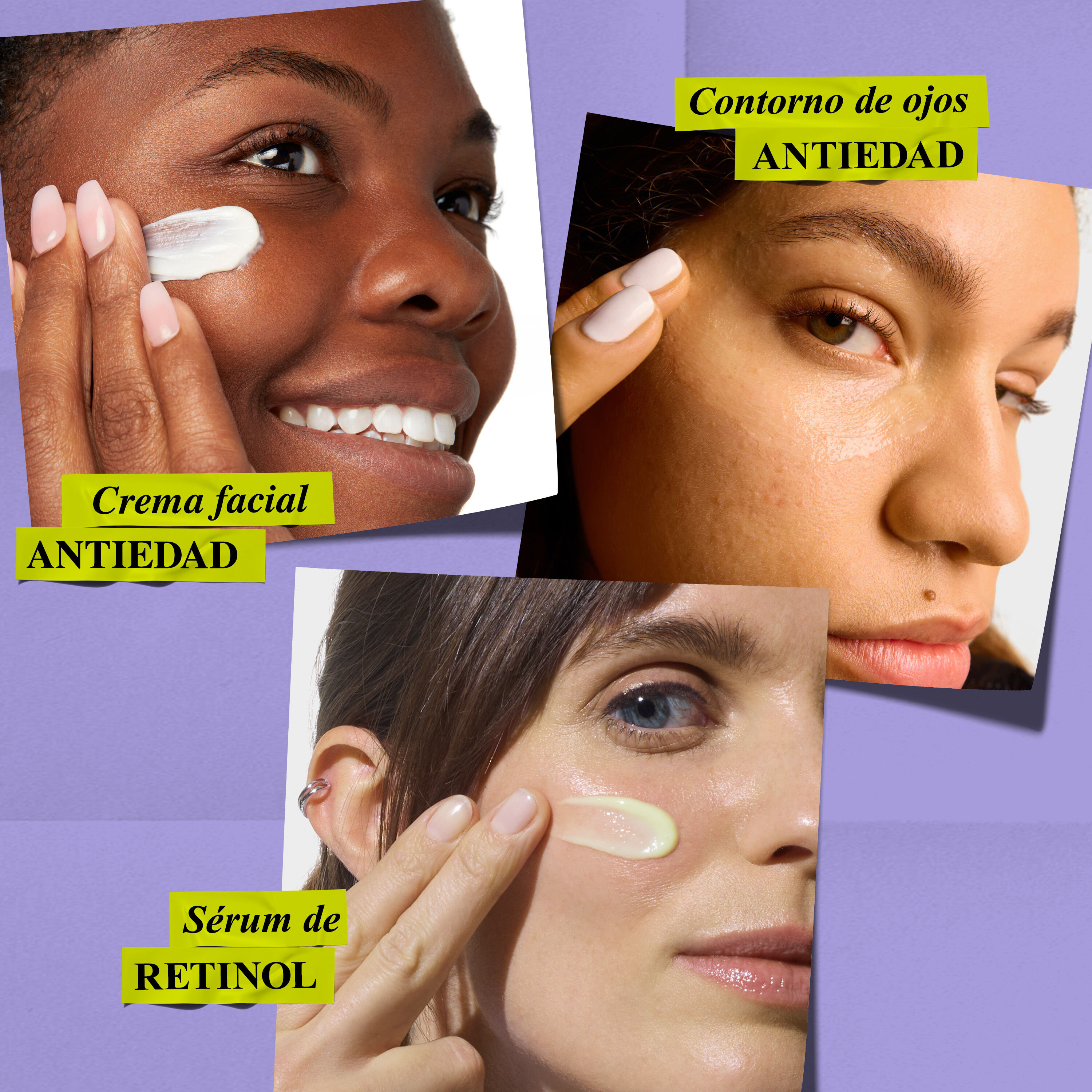 Three individuals apply Kiehl's anti-aging face cream, eye cream, and retinol serum, demonstrating product application for an anti-aging routine.