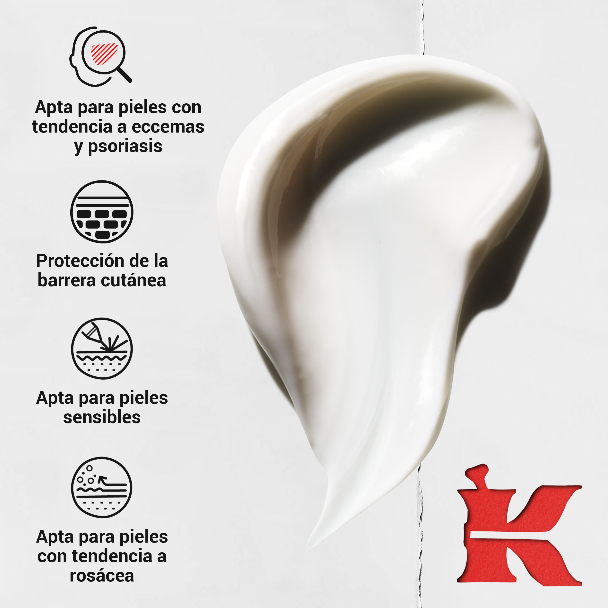 Remolino dinamico de crema espesa; los iconos destacan sus beneficios: apto para pieles con tendencia al eccema, proteccion de la barrera cutanea, postlaser y postpeeling quimico suave.