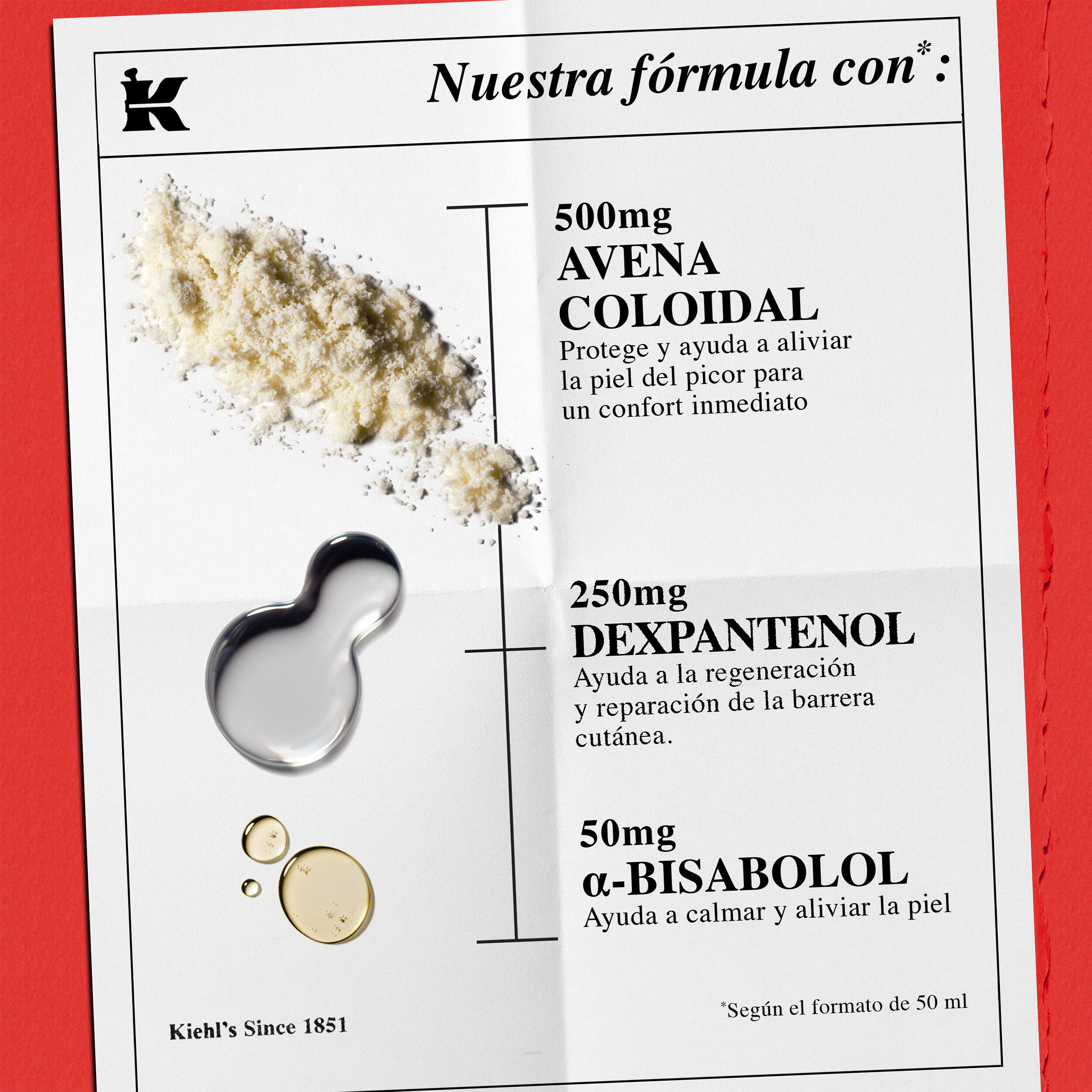 Lista de ingredientes: 1 % de avena coloidal (alivia irritaciones leves), 250 mg de dexpantenol (recuperacion de la barrera) y 50 mg de α-bisabolol (reduce el enrojecimiento).