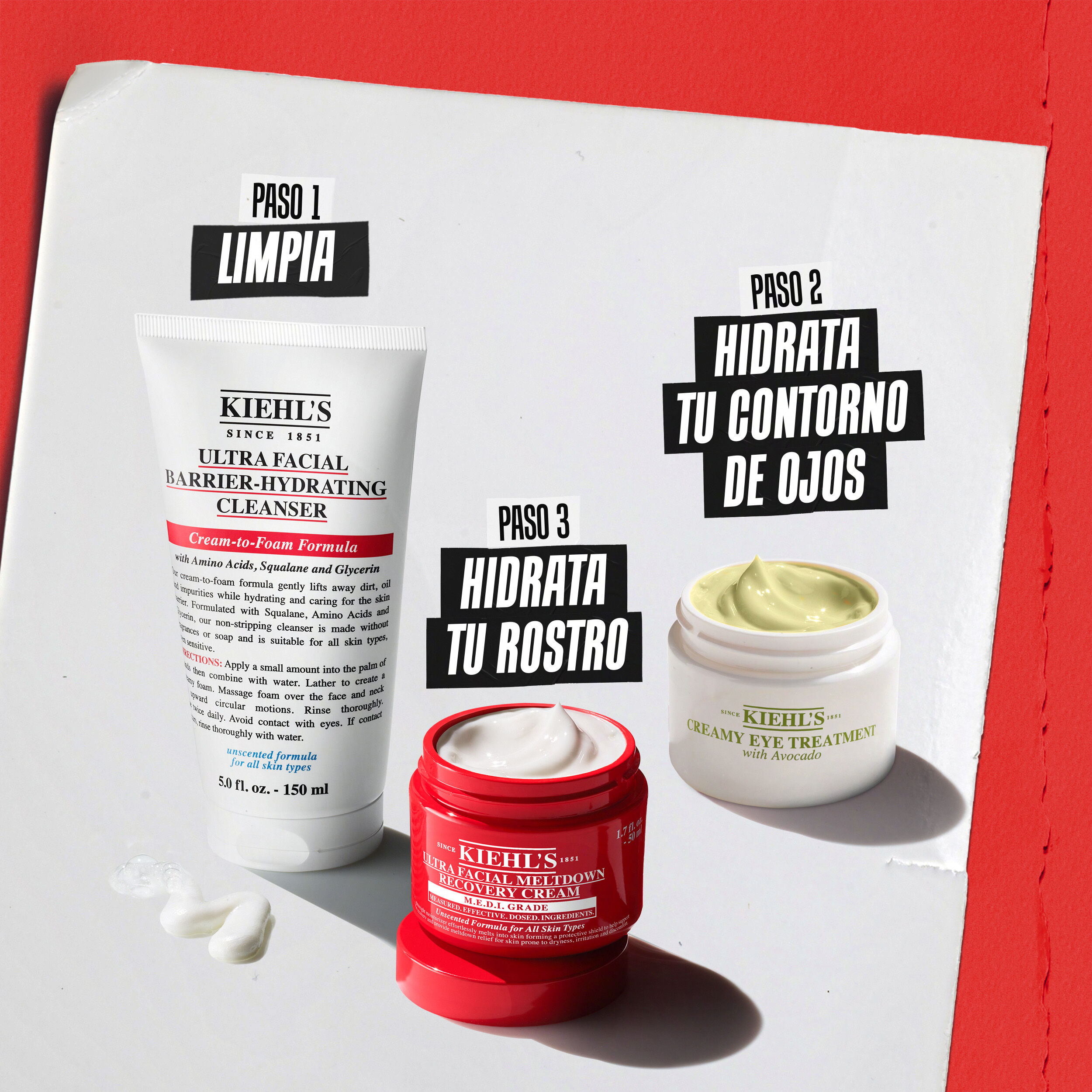 Tres productos Kiehl’s: Paso 1 Limpiar (Barrier-Hydrating Cleanser), Paso 2 Recuperar (Meltdown Recovery Cream) y Paso 3 Proteger (Better Screen UV Serum).