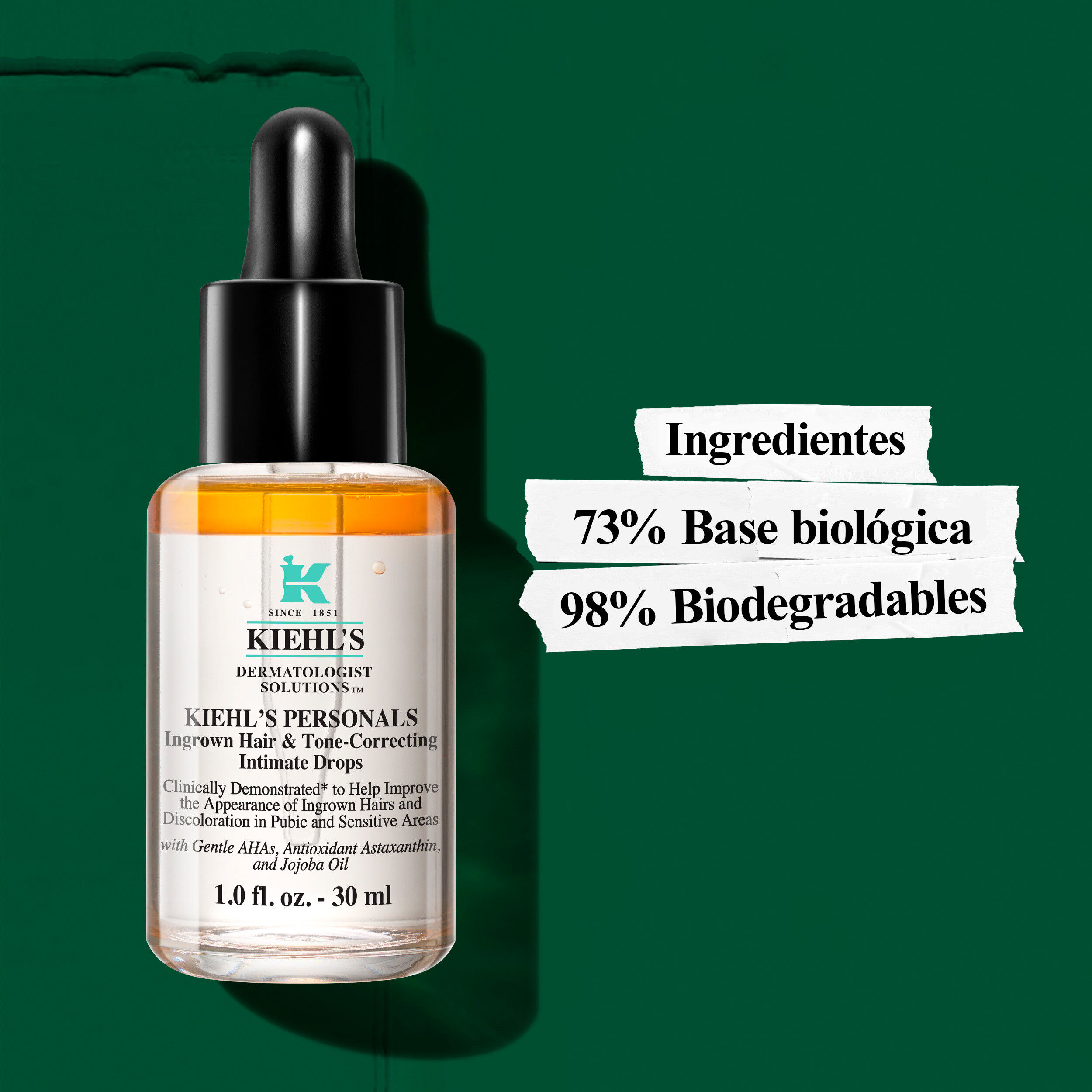 Sustainability Illustration – Drops bottle, 73% Bio-based, 98% Biodegradable Ingredients