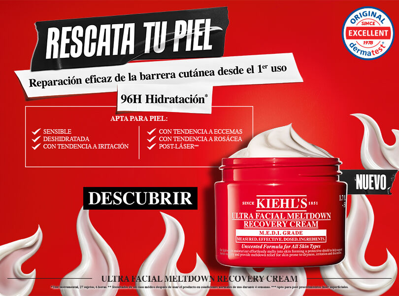 Publicidad de Kiehl's Ultra Facial Meltdown Recovery Cream sobre fondo rojo, destacando 96h de hidratacion y reparacion de la barrera cutanea para pieles sensibles.