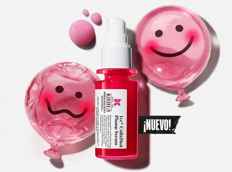 Publicidad de Kiehl's Ultra Facial Meltdown Recovery Cream sobre fondo rojo, destacando 96h de hidratacion y reparacion de la barrera cutanea para pieles sensibles.