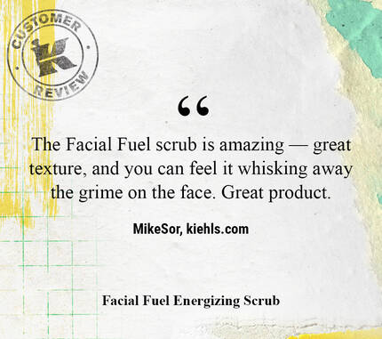 A customer review of the Facial Fuel Scrub, highlighting its great texture and effectiveness at cleansing the face. The review is presented on a colorful abstract background with a stamp design.