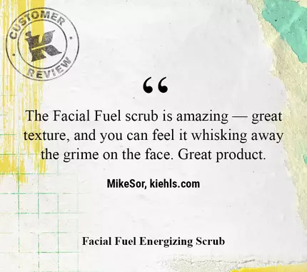 A customer review of the Facial Fuel Scrub, highlighting its great texture and effectiveness at cleansing the face. The review is presented on a colorful abstract background with a stamp design.