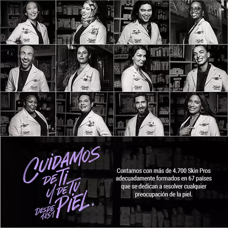 Grupo diverso de profesionales en cuidado de la piel, promoviendo confianza y experiencia, con el texto "Cuidamos de ti y de tu piel" destacado en el centro.