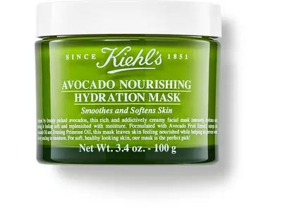 Green jar of Kiehl's Avocado Nourishing Hydration Mask, labeled for smoothing and softening skin, 3.4 oz.