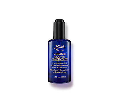 Botella de serum Kiehl's Midnight Recovery Concentrate, un elixir reparador de aceites esenciales para la piel.