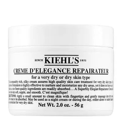 Crema reparadora de Kiehl's para piel muy seca, en tarro blanco con tapa, 56 g, recomendada para hidratar intensamente.