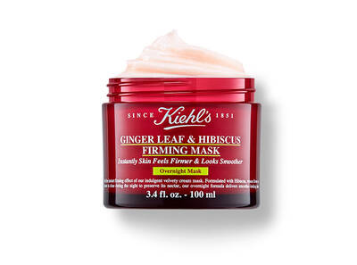 Mascarilla reafirmante de Kiehl's con hoja de jengibre y hibisco en tarro rojo, promete piel mas firme y suave al dormir.
