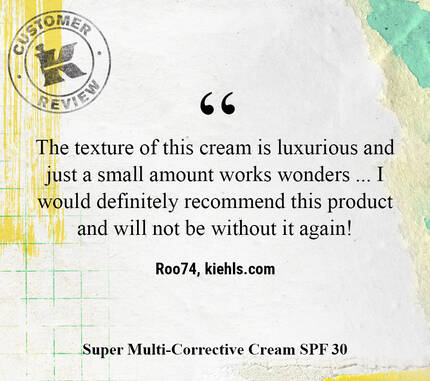 Customer review highlighting the luxurious texture of a cream, stating that a small amount is effective and recommending the product. The text is formatted on a colorful, textured background with a logo.