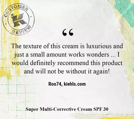 Customer review highlighting the luxurious texture of a cream, stating that a small amount is effective and recommending the product. The text is formatted on a colorful, textured background with a logo.