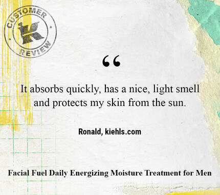 Alt text: A customer review for Kiehl's Facial Fuel Daily Energizing Moisture Treatment for Men, highlighting its quick absorption, pleasant scent, and sun protection.